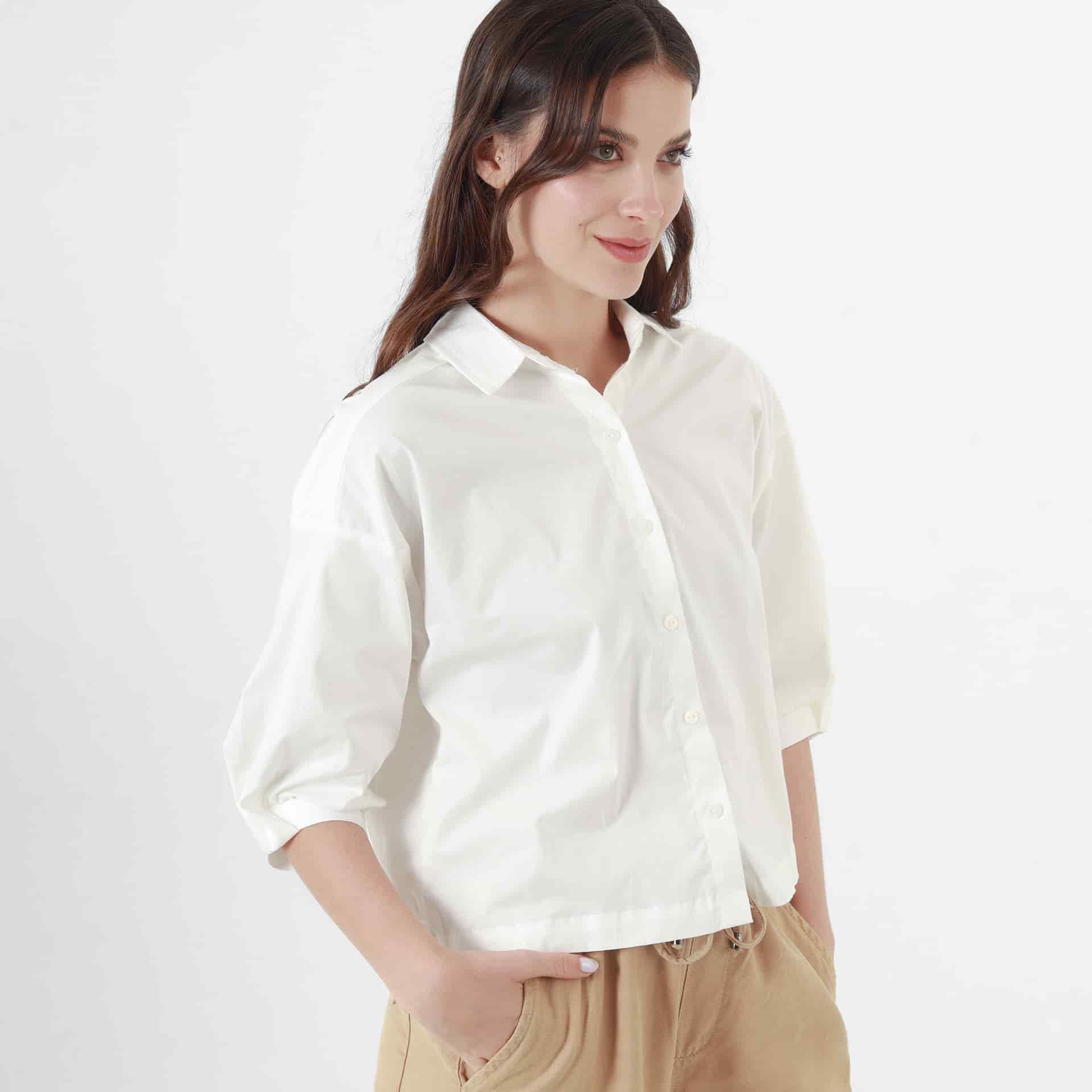 Blusa Cuello Camisero Manga Al Codo - miniatura 1