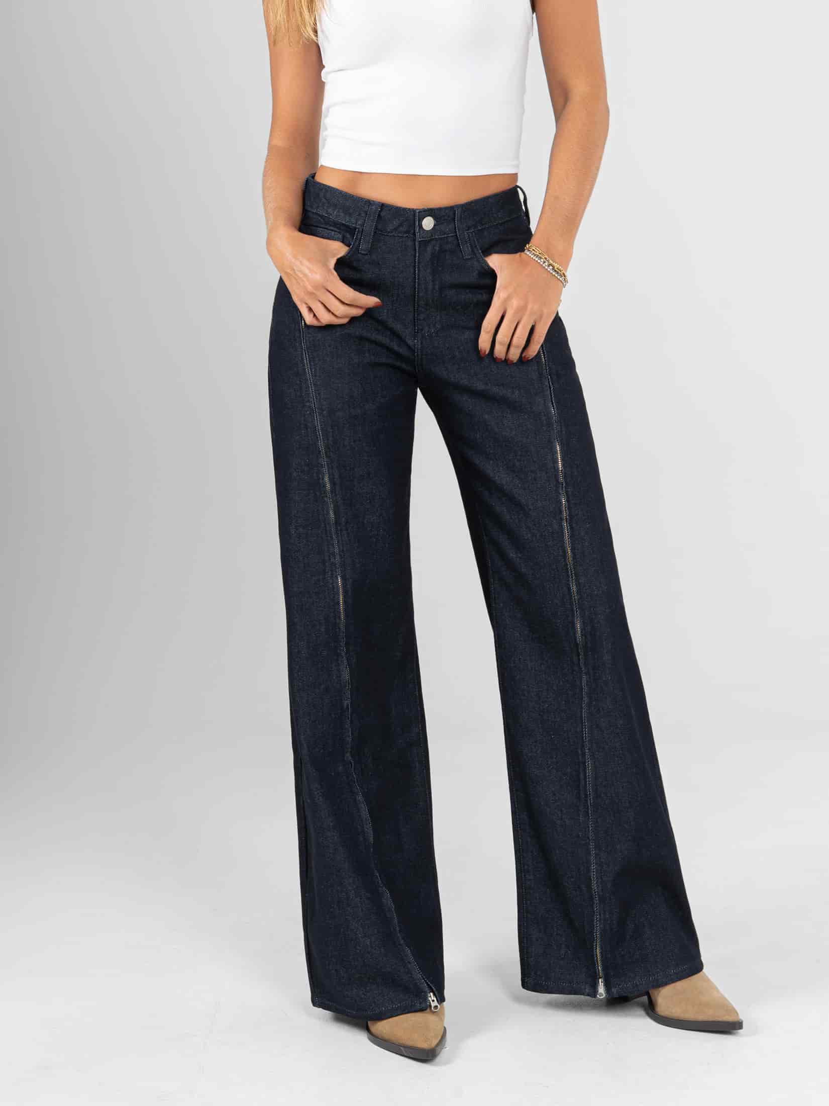 Ref: 066378 Jean wide leg, rigido, tiro alto, detalle con cierres, tono azul oscuro - miniatura 1