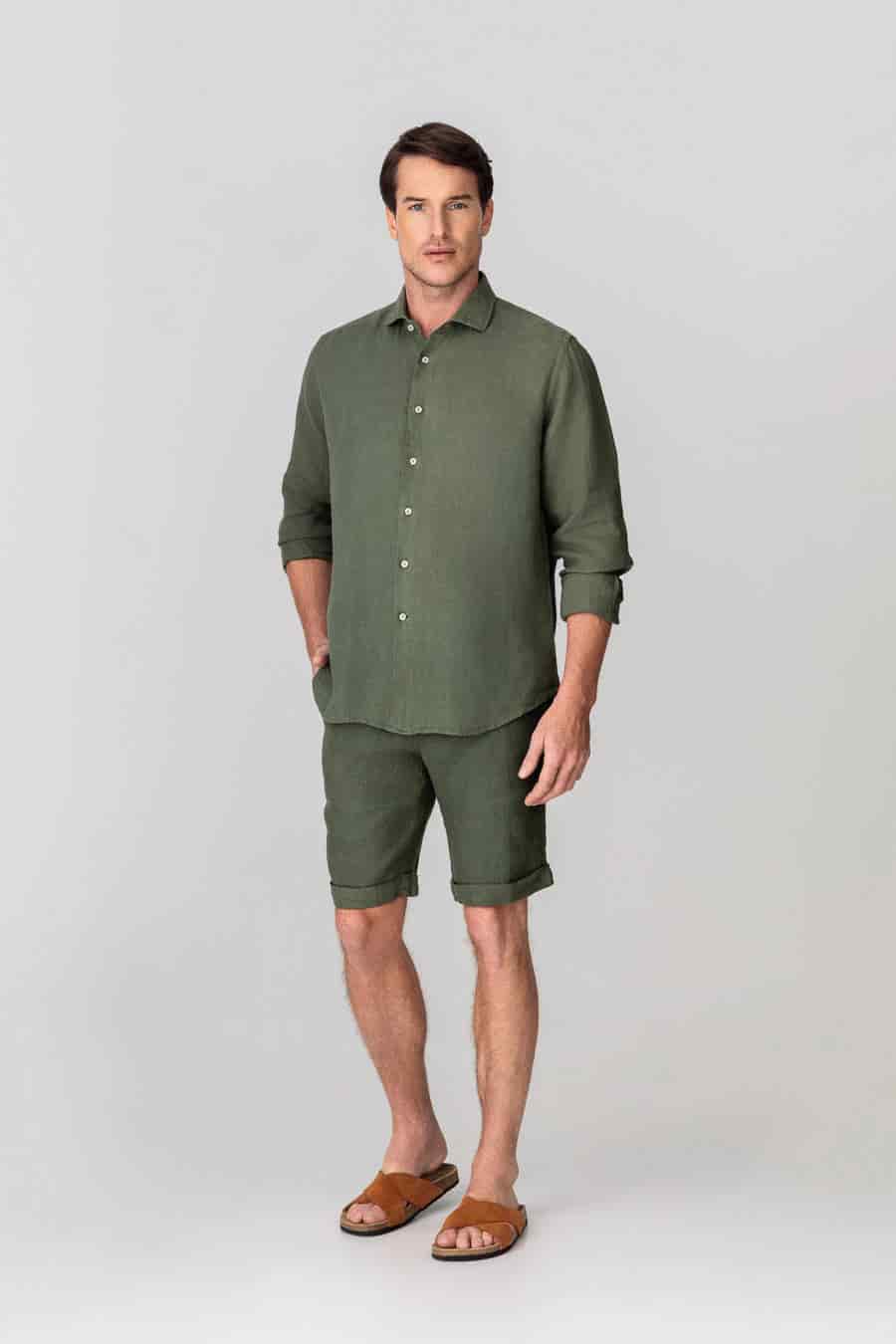 Men's linen shirt military green - miniatura 2