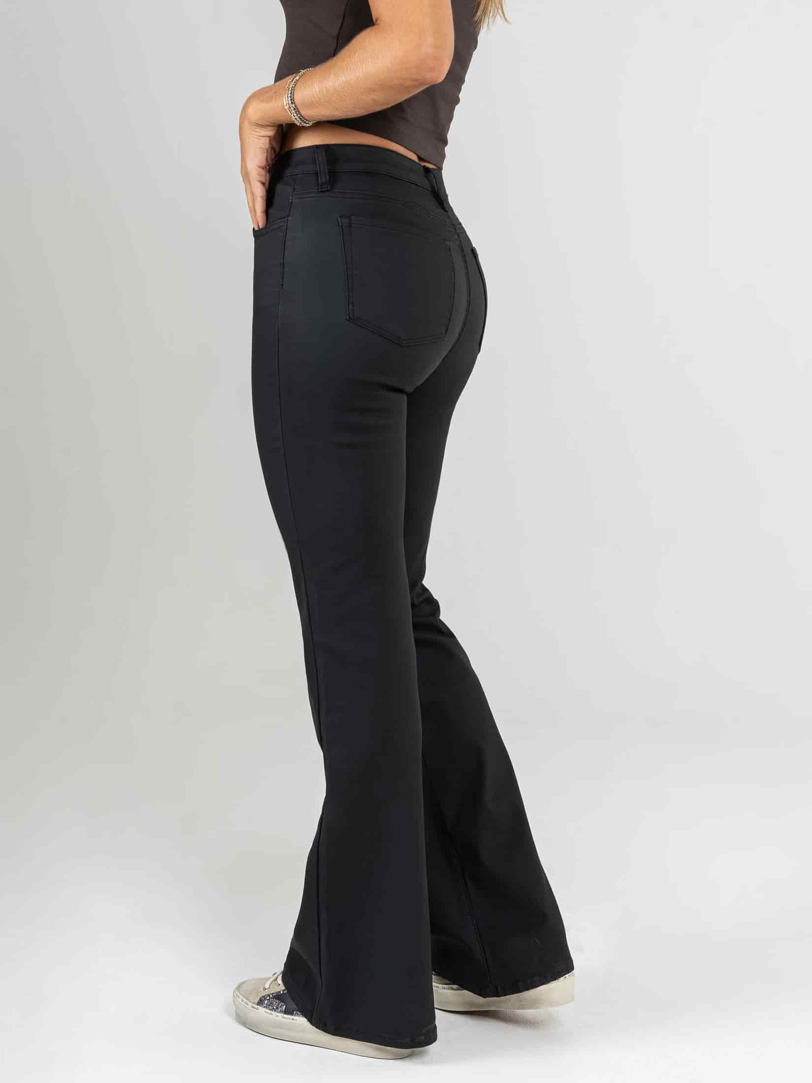 Ref: 065963 Pantalón flare stretch, bota ancha, efecto cuero, tiro alto, tono negro. - miniatura 2