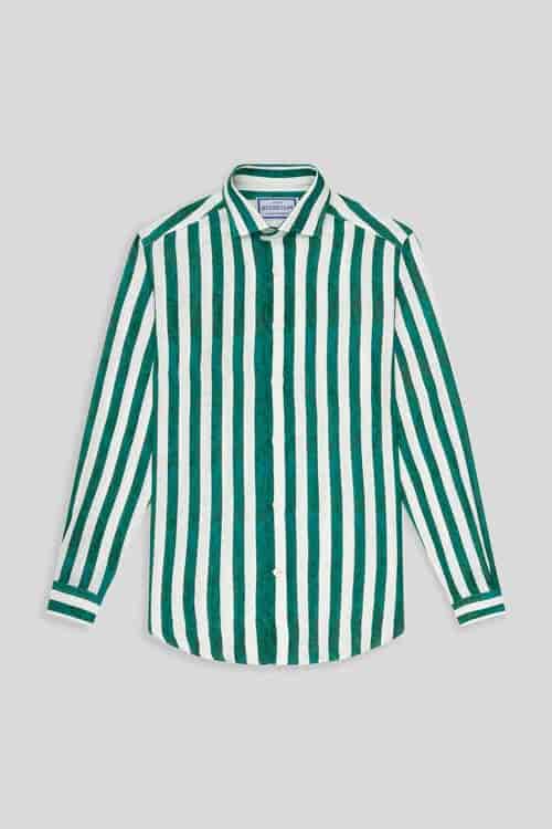 Men's linen shirt green faded striped - miniatura 4