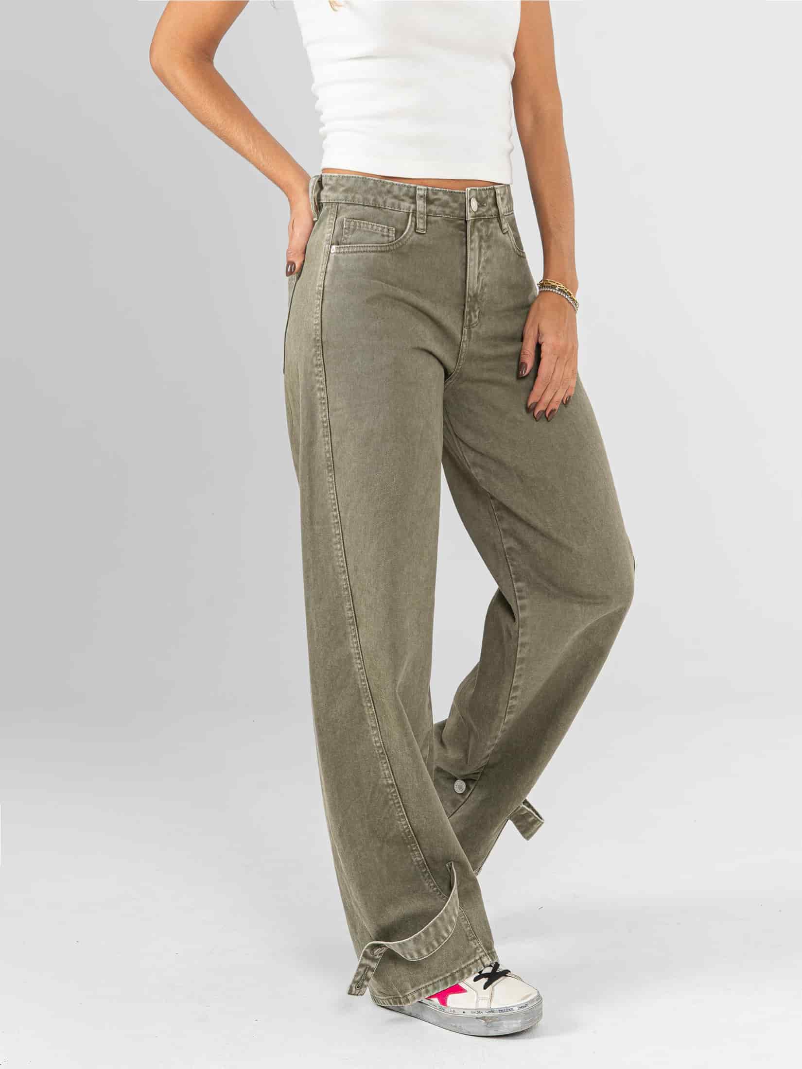 Ref: 0620409 Pantalón wide leg, rígido, tiro alto, detalle en bota, tono verde - miniatura 3