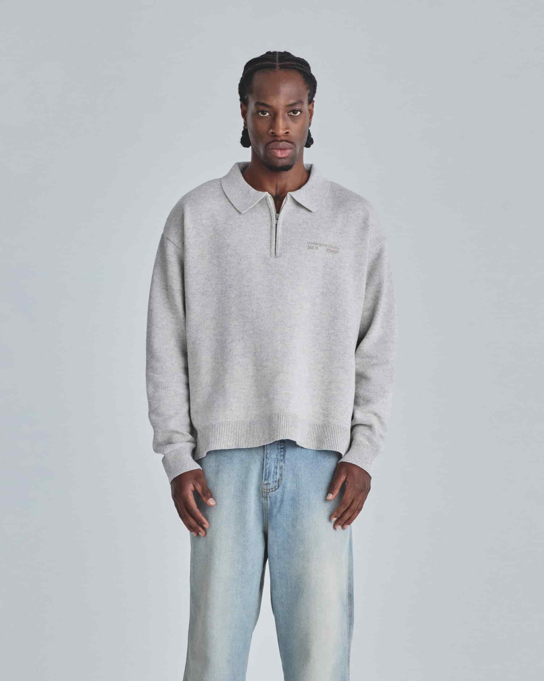 Line Knit Zip Up Long Sleeve Polo Shirt Seed Gray - miniatura 2