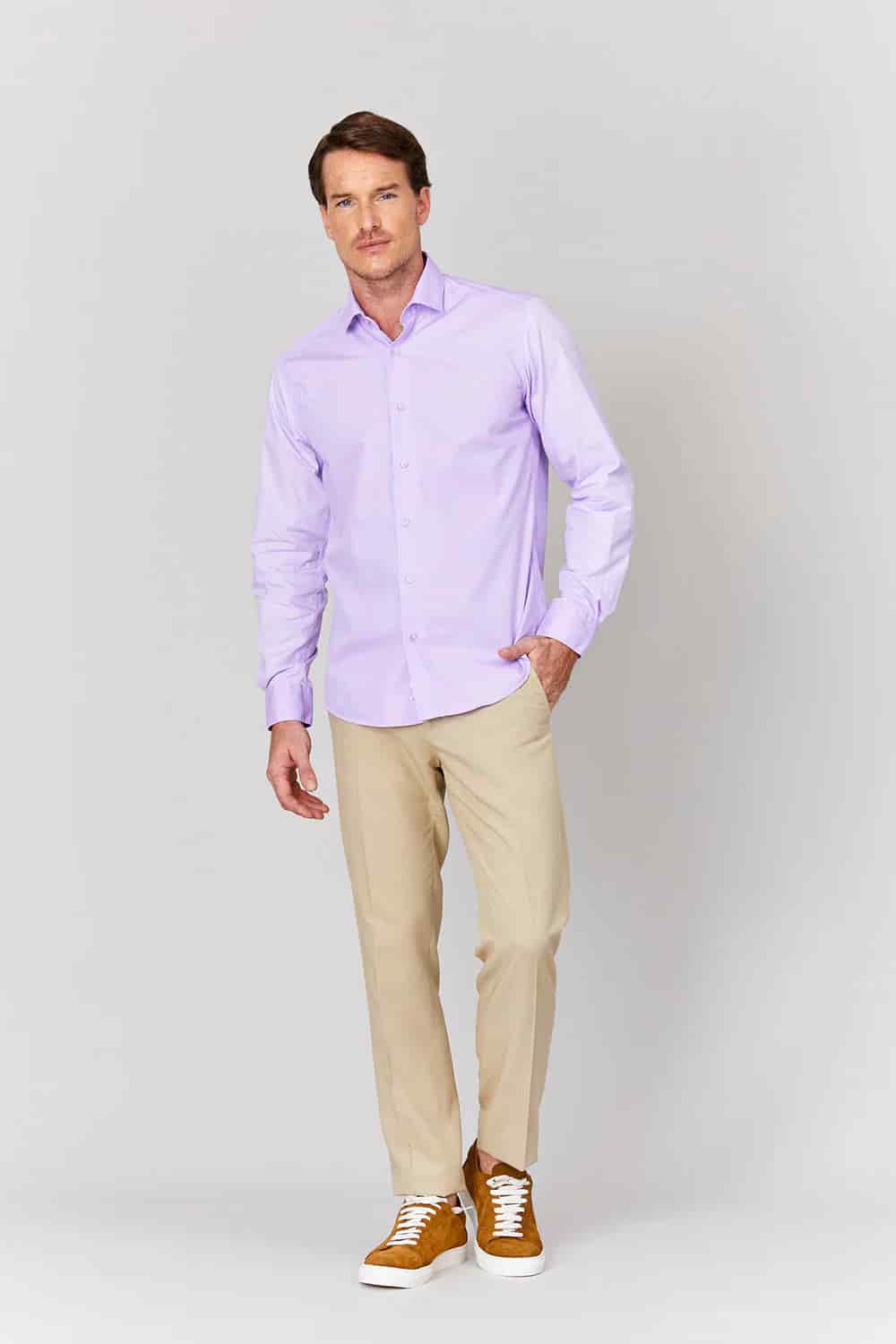 Men's basic lilac cotton muslin shirt - miniatura 6