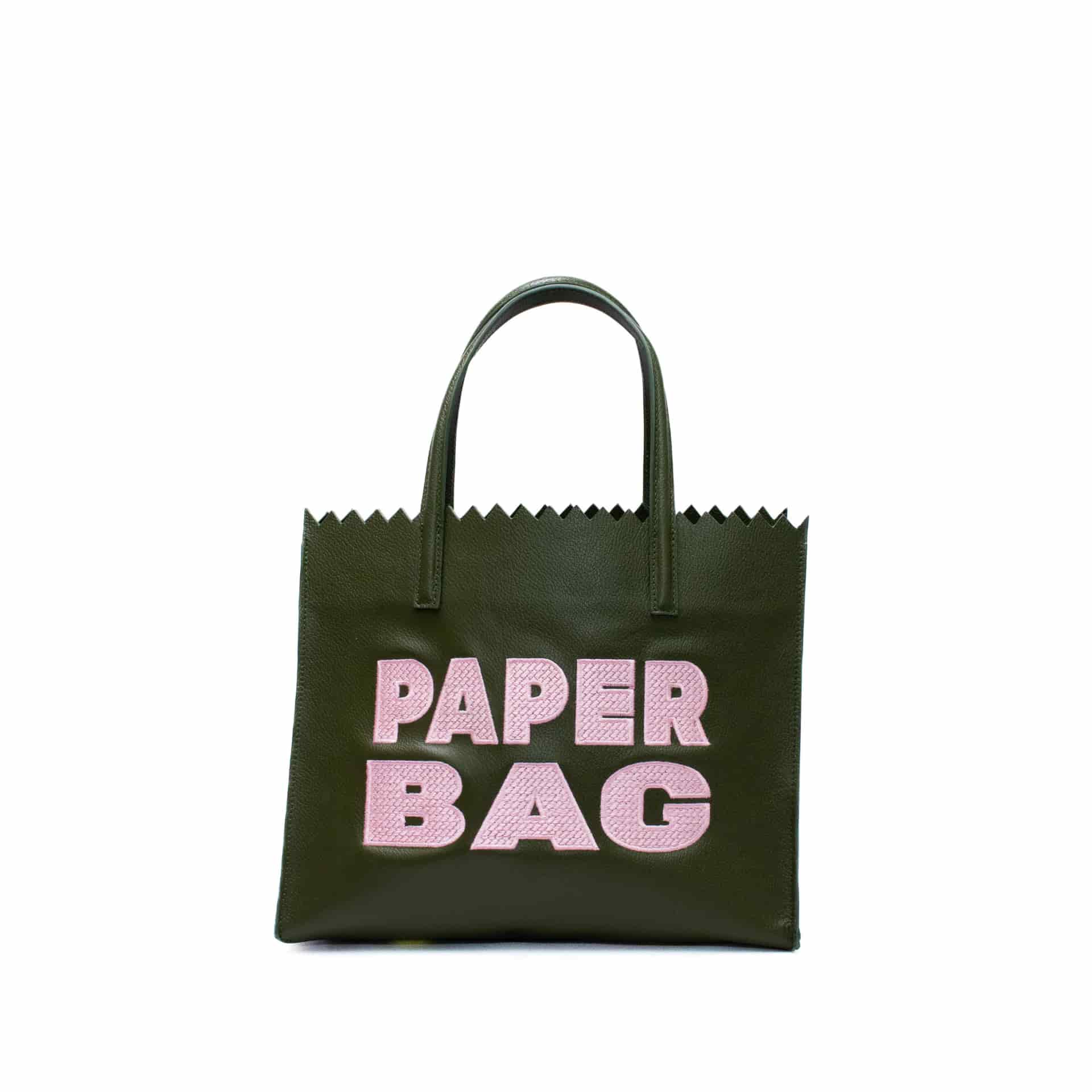 PAPER BAG SHORT - verde olivo x bordado rosa - miniatura 1