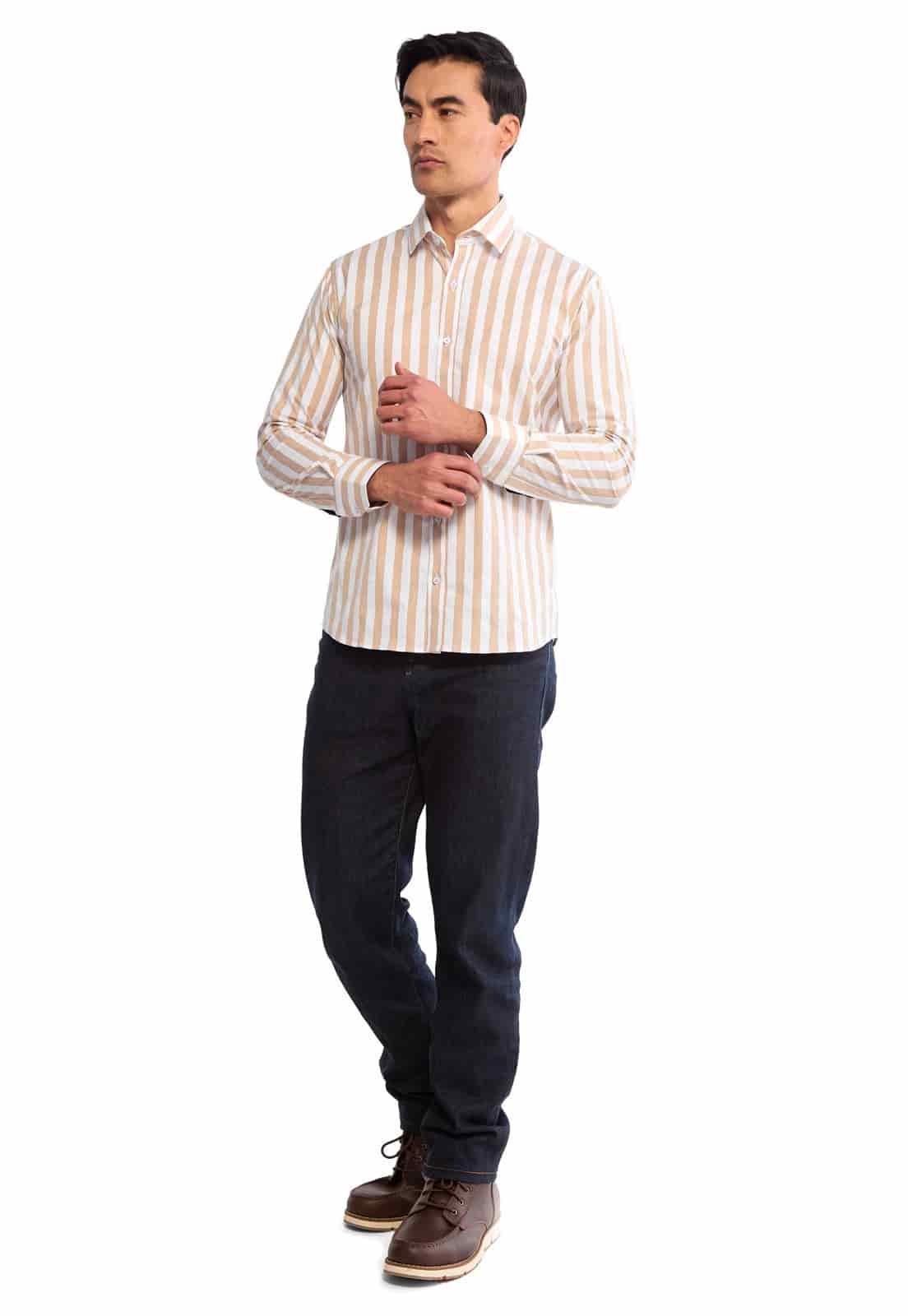 Camisa manga larga blanca con rayas camel - miniatura 4