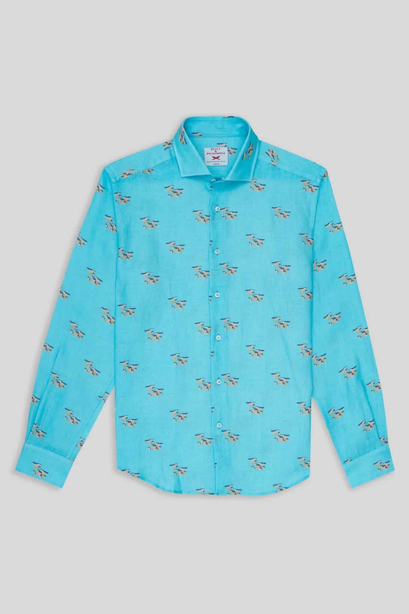 Men's linen shirt turquoise mushroom - miniatura 5