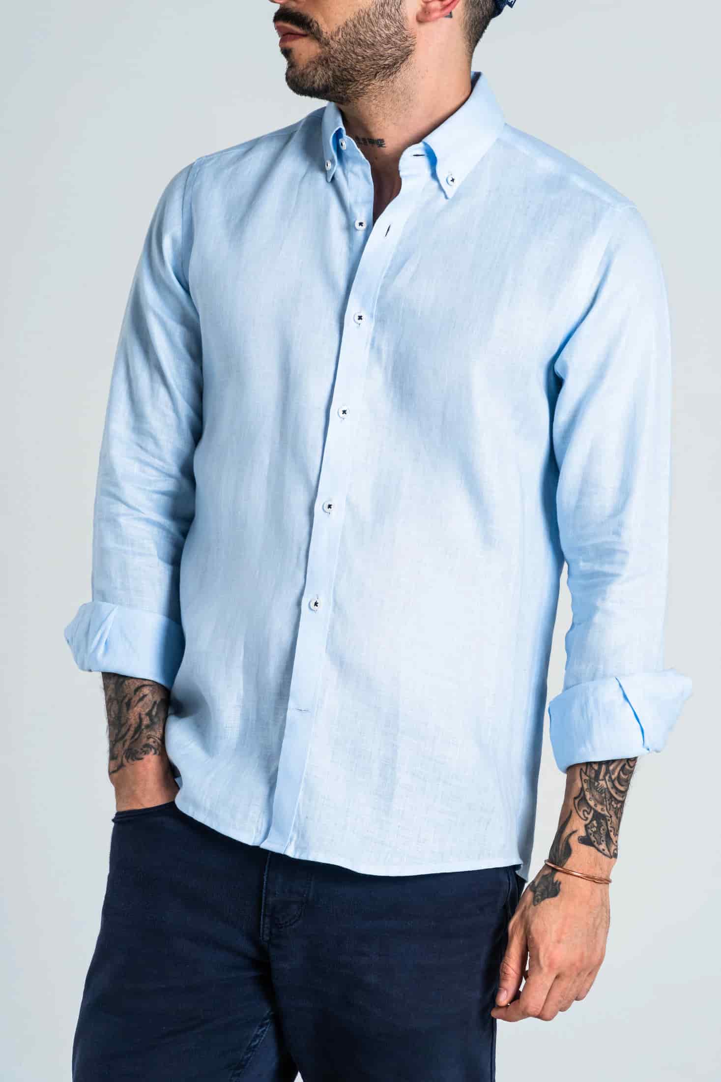 Camisa Botón Contraste Lino Azul Bebé - miniatura 1