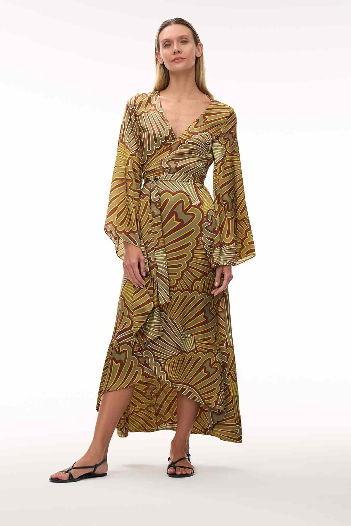 Pacífico Satin Silk Midi Dress / Yellow Intricate Shells - miniatura 1