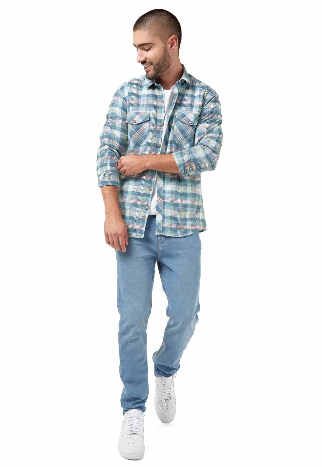 Camisa leñadora verde con tonos azules y blanco doble bolsillo - miniatura 4