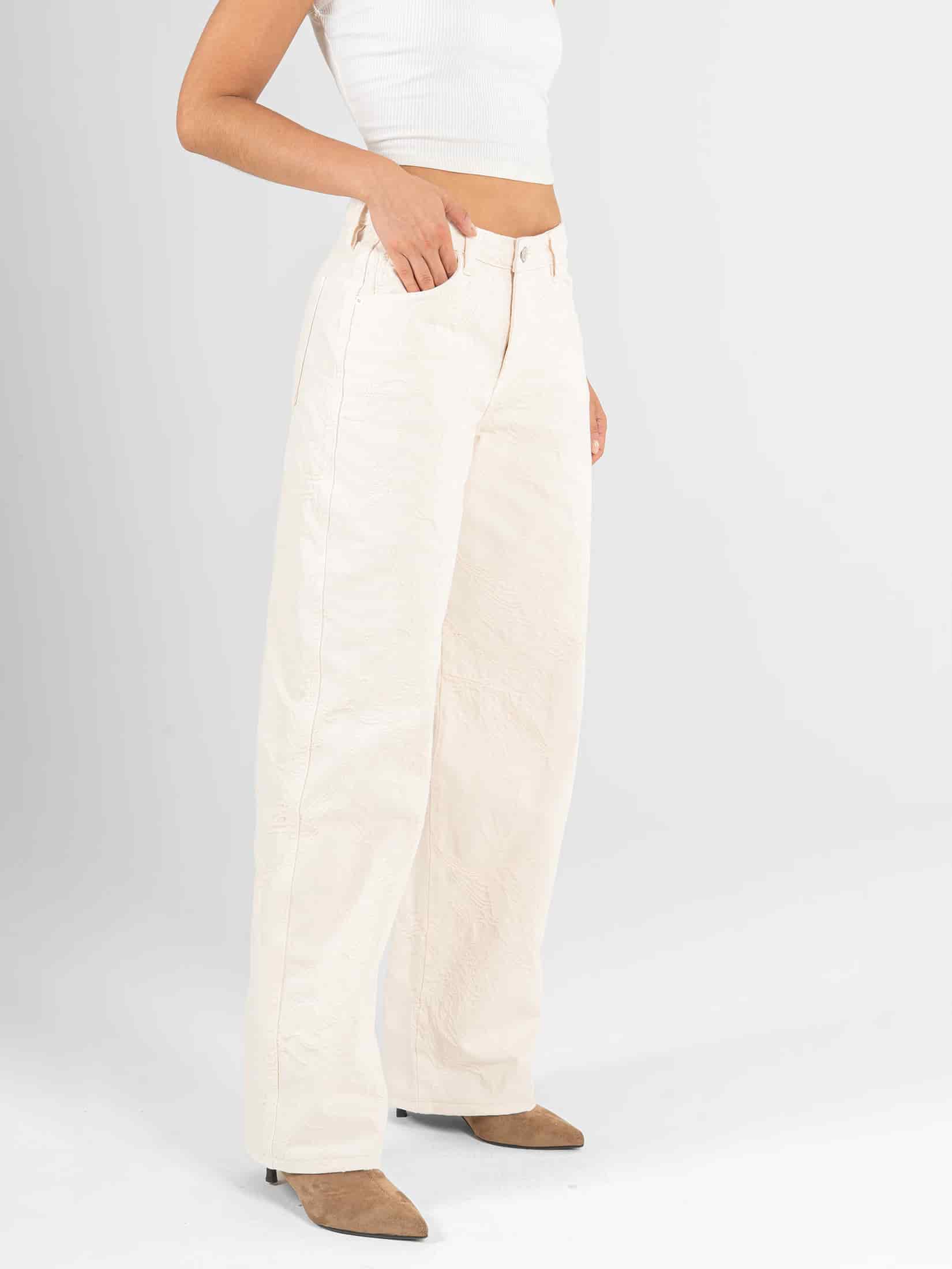 Ref: 0620600 Pantalón wide leg, rígido, tiro medio, tela bordada, tono natural - miniatura 3