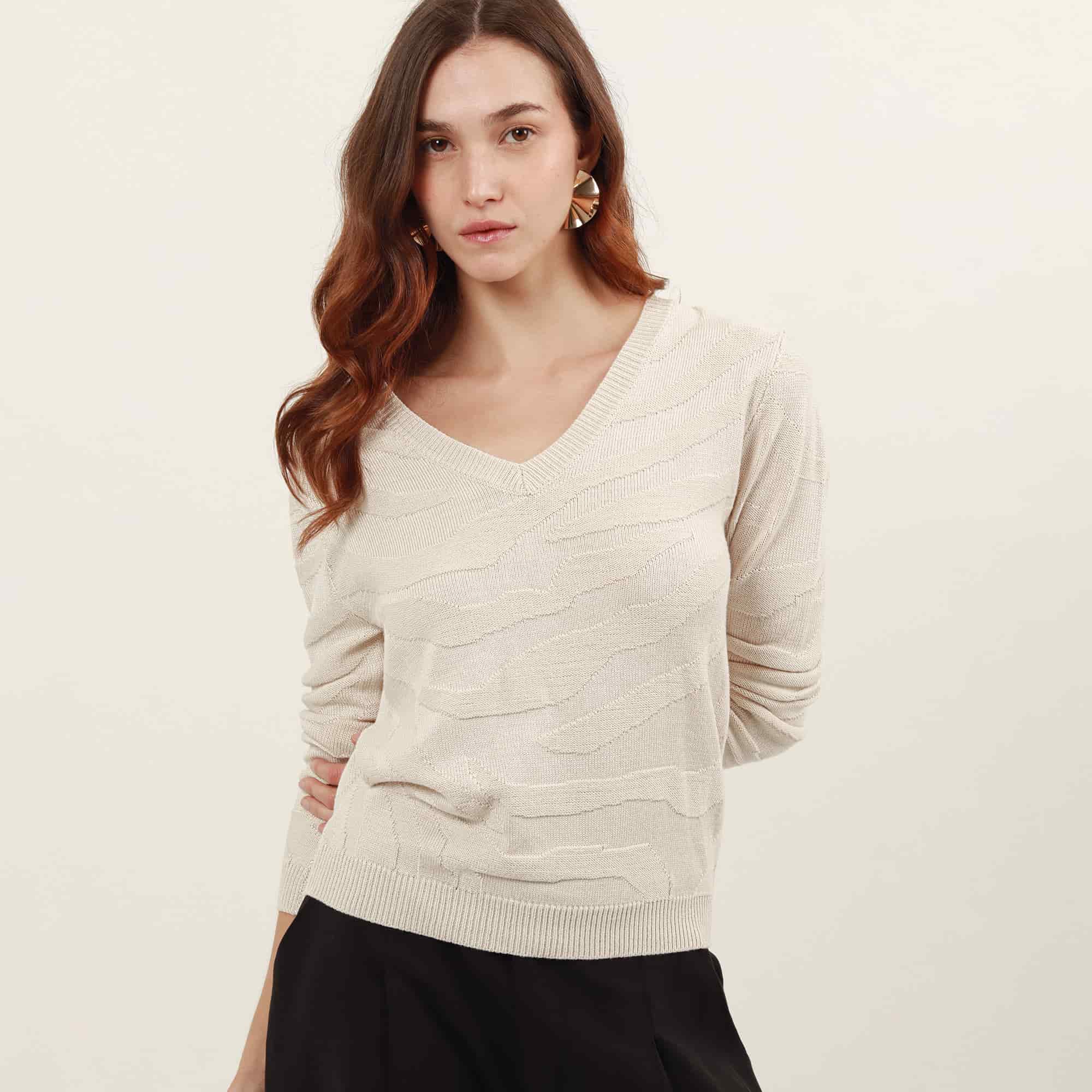 Sweater con textura jacquard cuello en v manga larga - miniatura 2