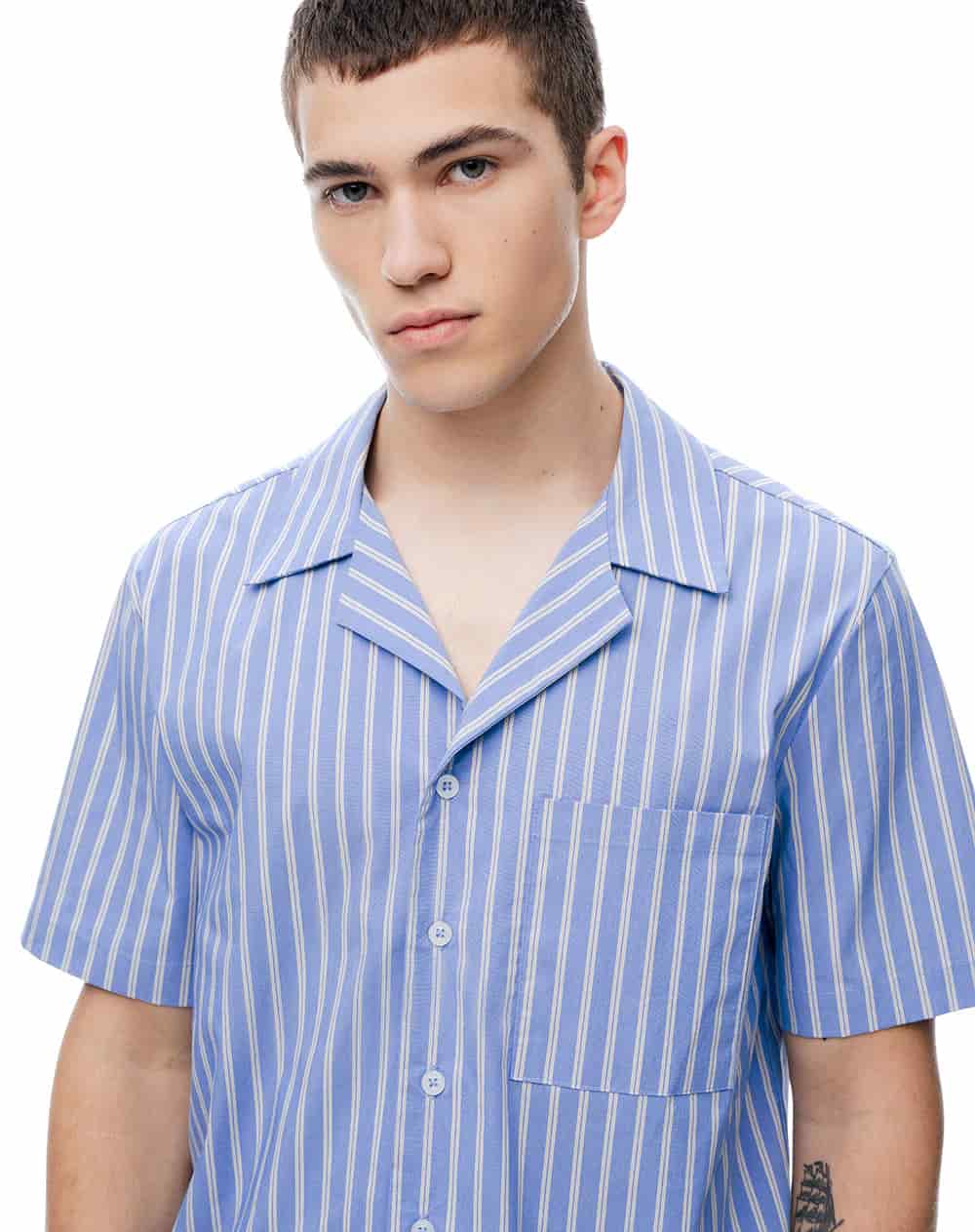 Camisa + bermuda de pijama algodón azul con rayas hombre - miniatura 4