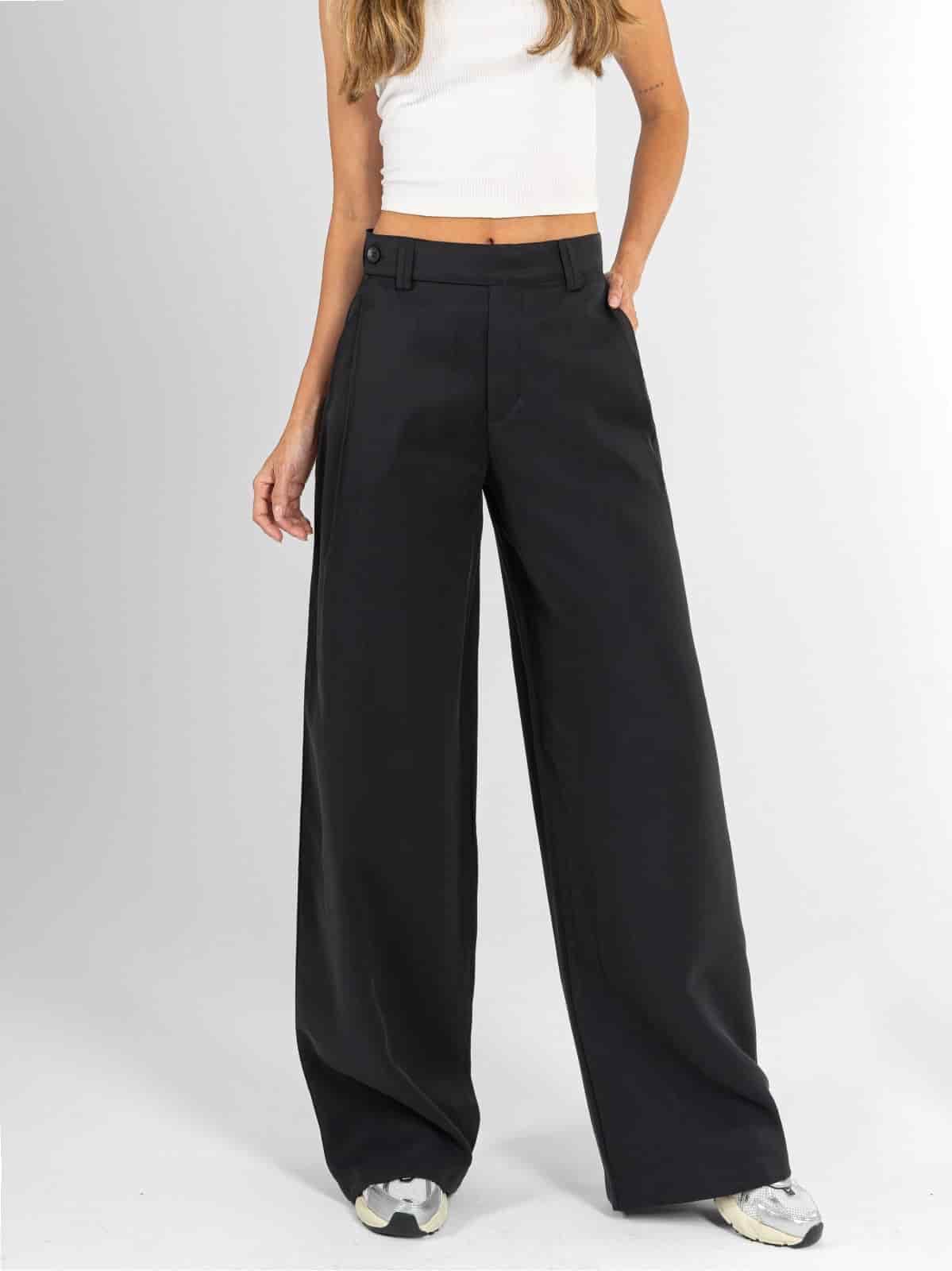 Ref: 0620598 Pantalón palazzo, tono negro, tejido plano liviano, detalle pretina, tiro alto - miniatura 1