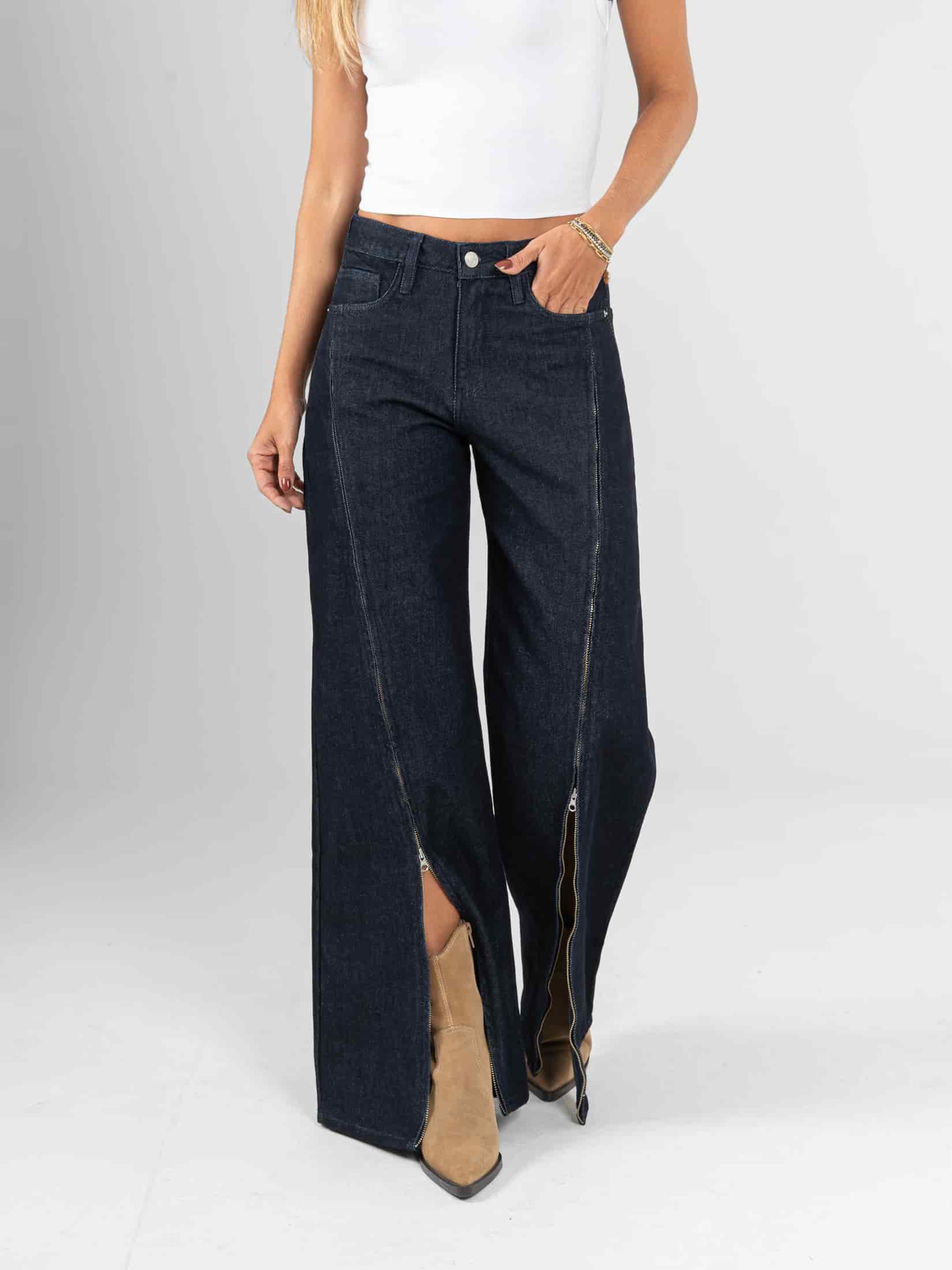 Ref: 066378 Jean wide leg, rigido, tiro alto, detalle con cierres, tono azul oscuro - miniatura 5