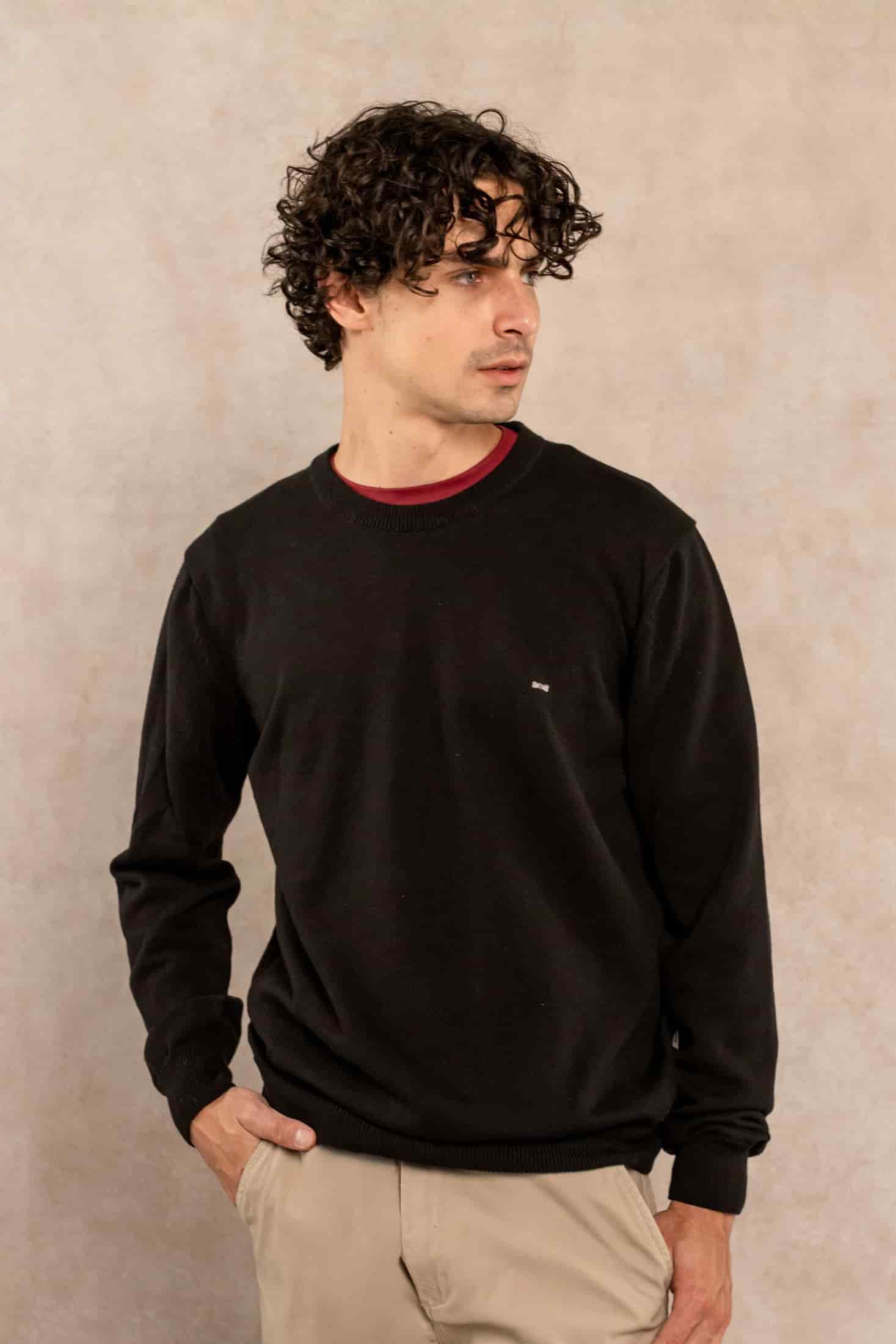 Sueter Algodon Peinado Cuello Redondo Negro - miniatura 1