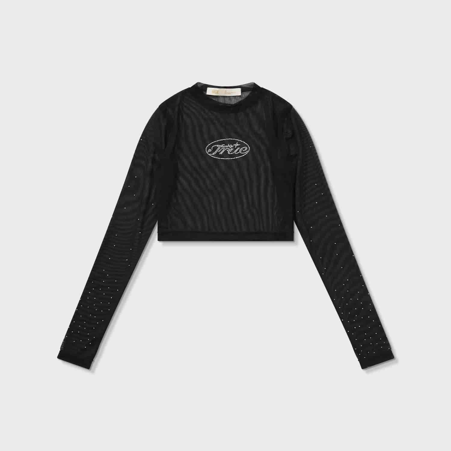 Mesh Rhinestone LS Crop Top - Black - miniatura 11