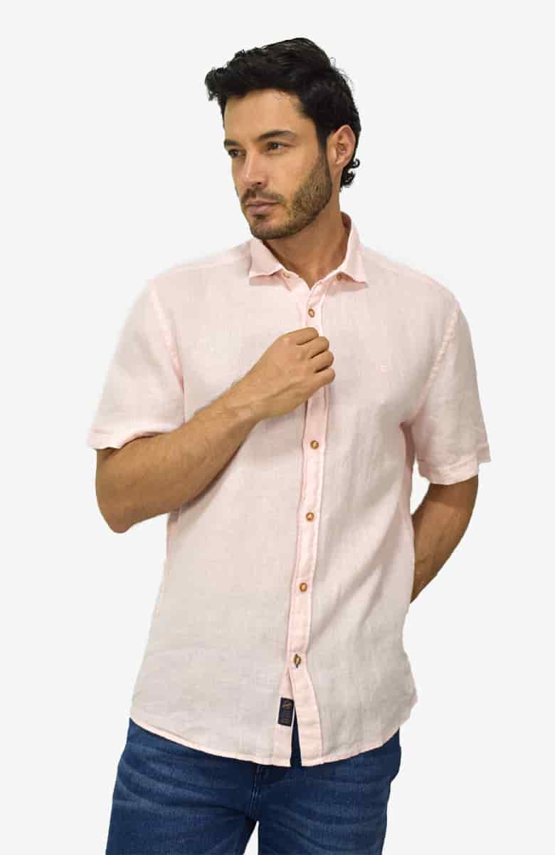 Camisa Manga Corta Lino Rosada para Hombre - miniatura 1