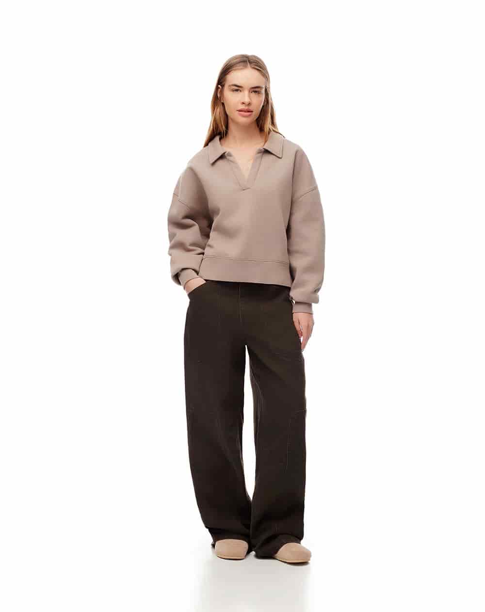 Pantalón wide leg tiro medio drill algodón chocolate mujer - miniatura 1