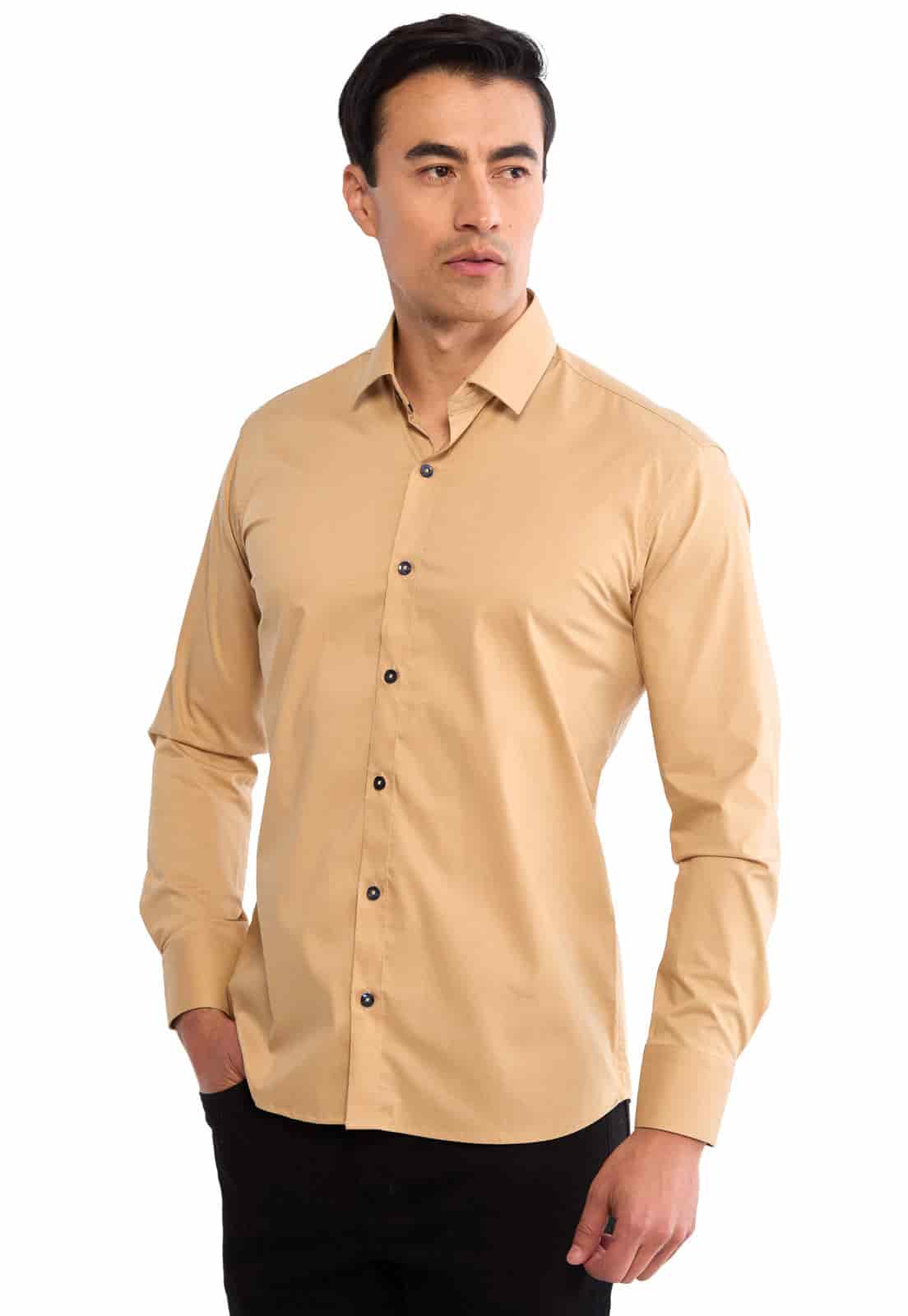 Camisa camel con botones en contraste azules - miniatura 1
