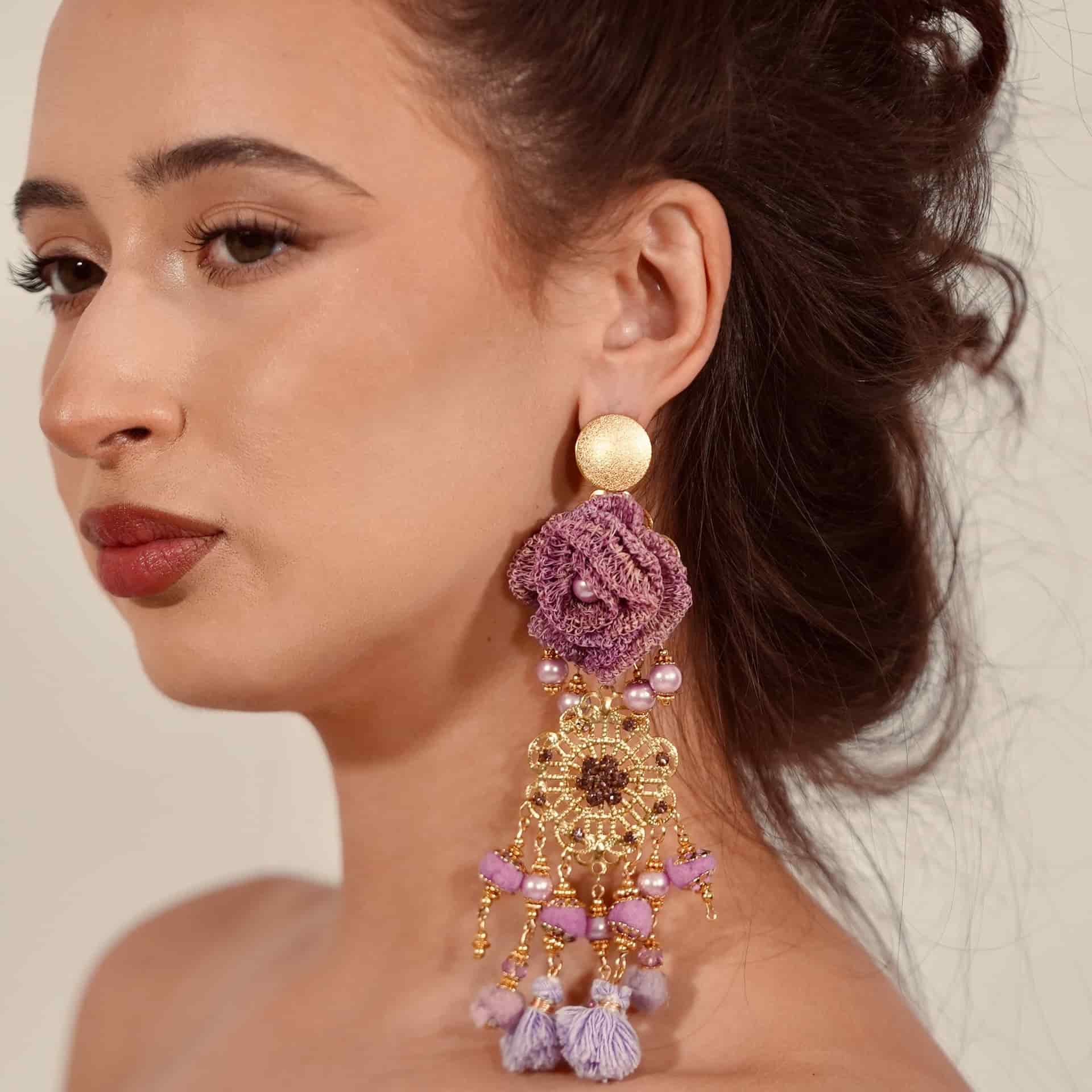 Purple Macrame Tassel Earrings - miniatura 1
