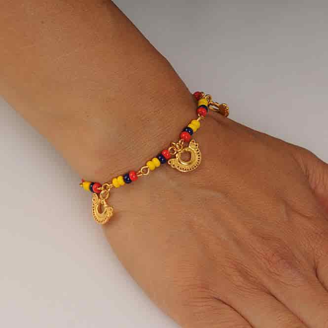 Pulsera colombia con 3 dijes nariguera serpiente de dos cabezas tairona - miniatura 2