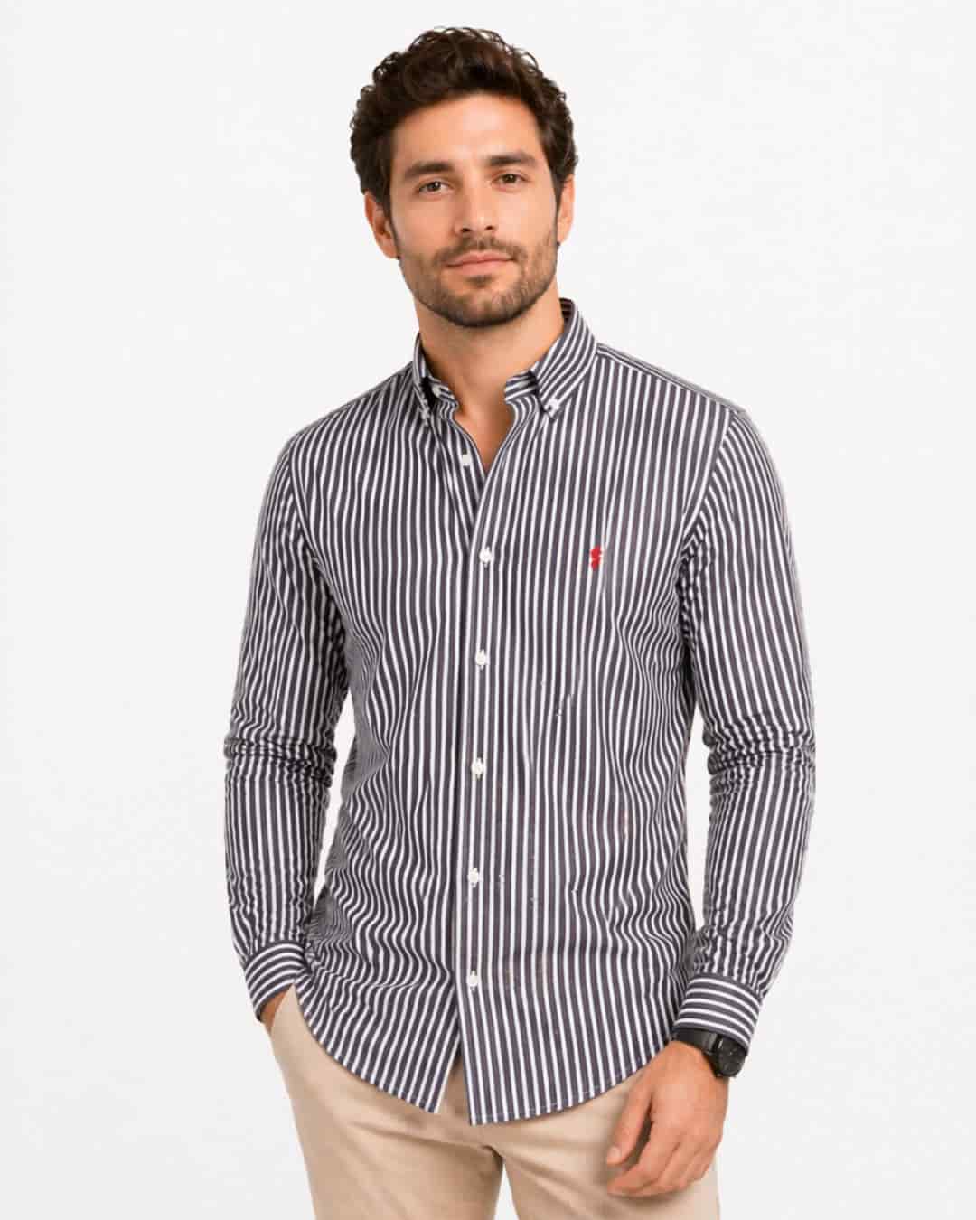 Camisa 100% Algodón Manga Larga Azul Oscuro Rayas Blancas - miniatura 3