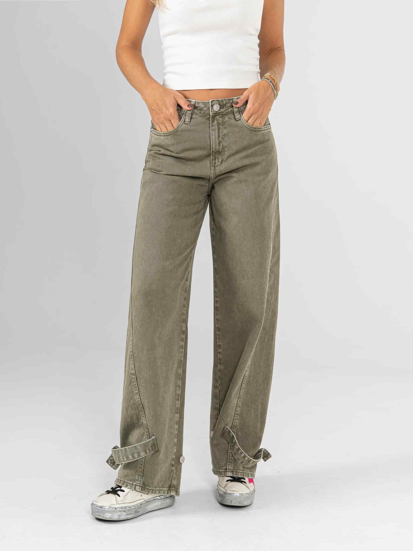 Ref: 0620409 Pantalón wide leg, rígido, tiro alto, detalle en bota, tono verde - miniatura 1