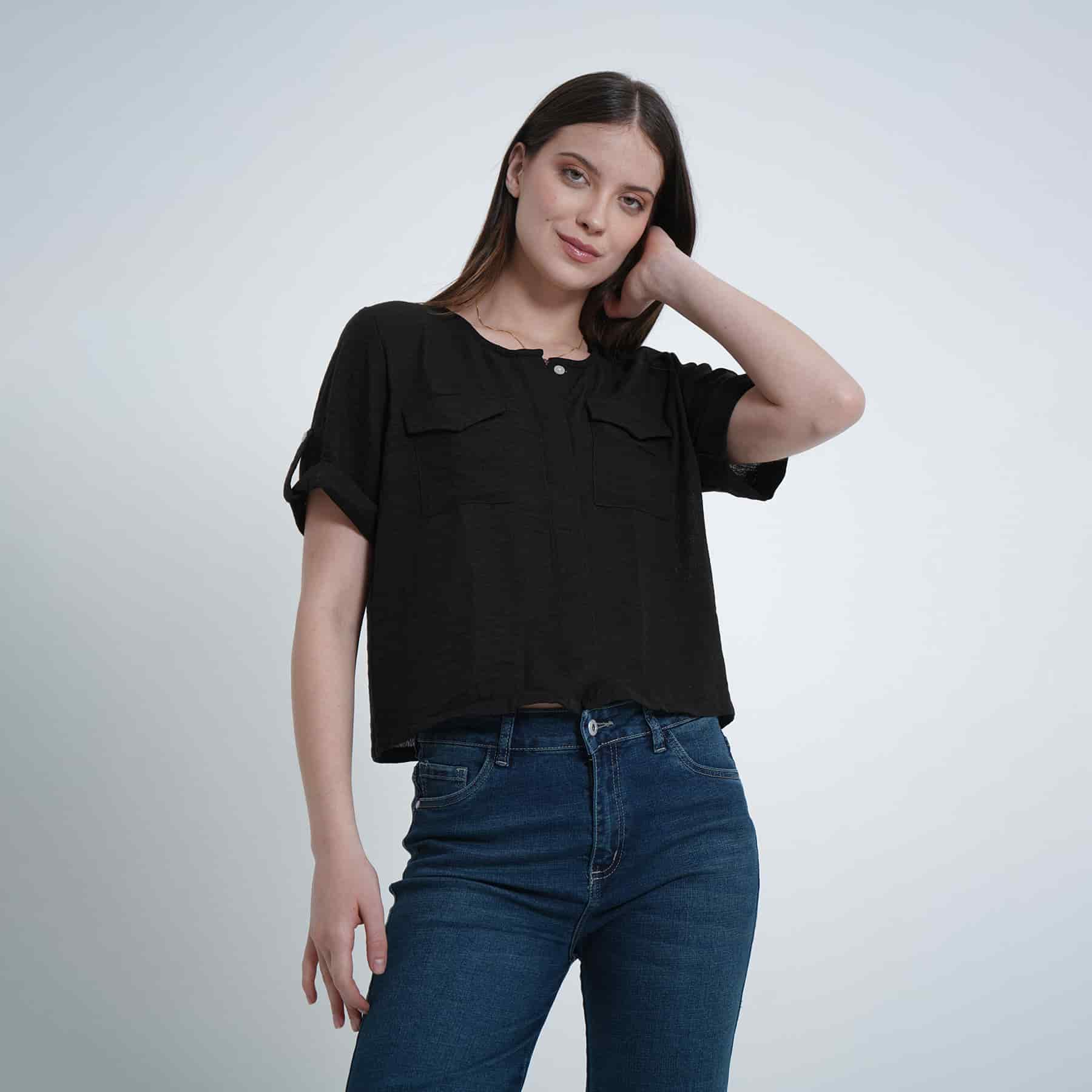 Blusa abierta escote redondo manga corta con charreteras - miniatura 8
