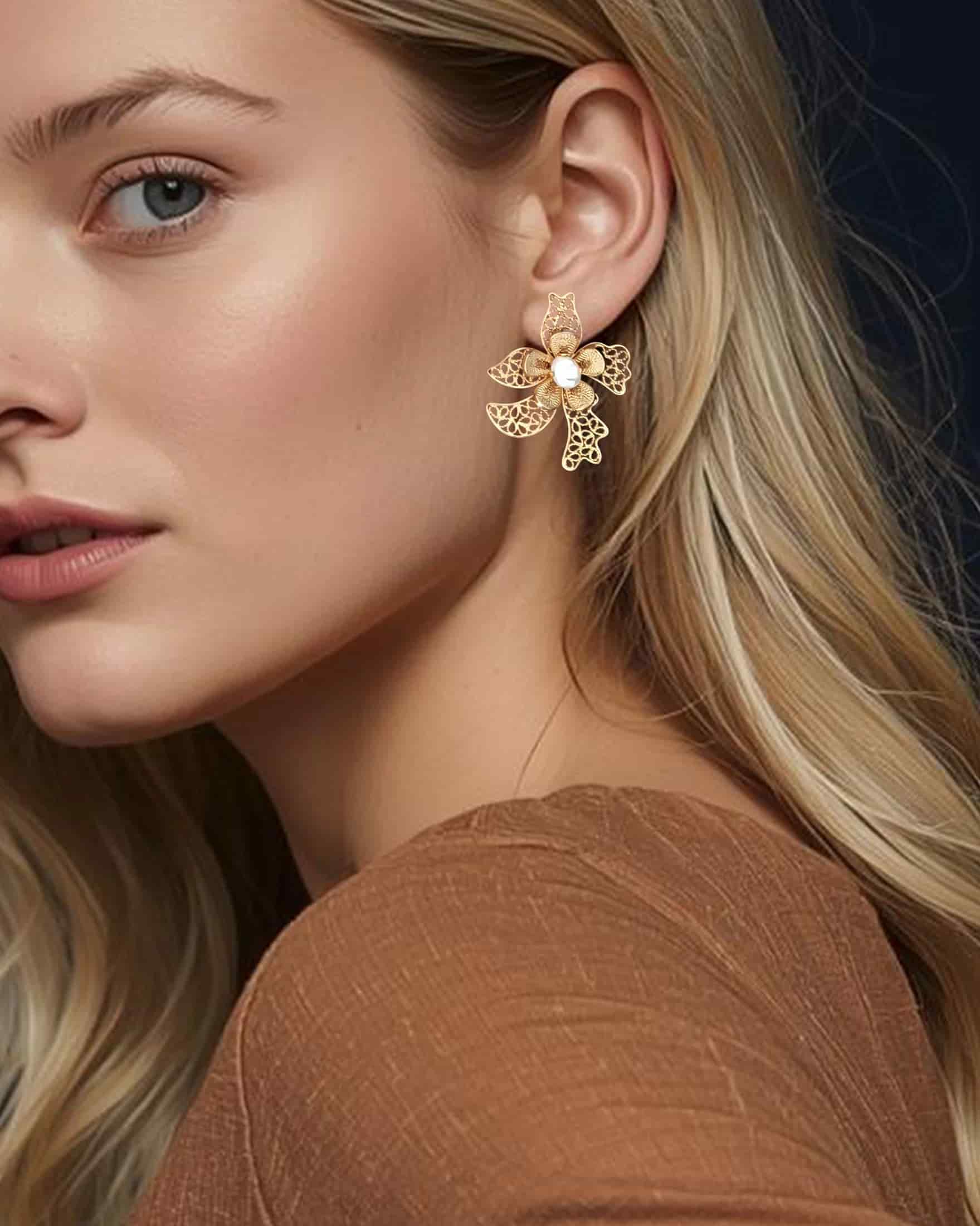 Aretes en filigrana orquídea y perla - miniatura 2
