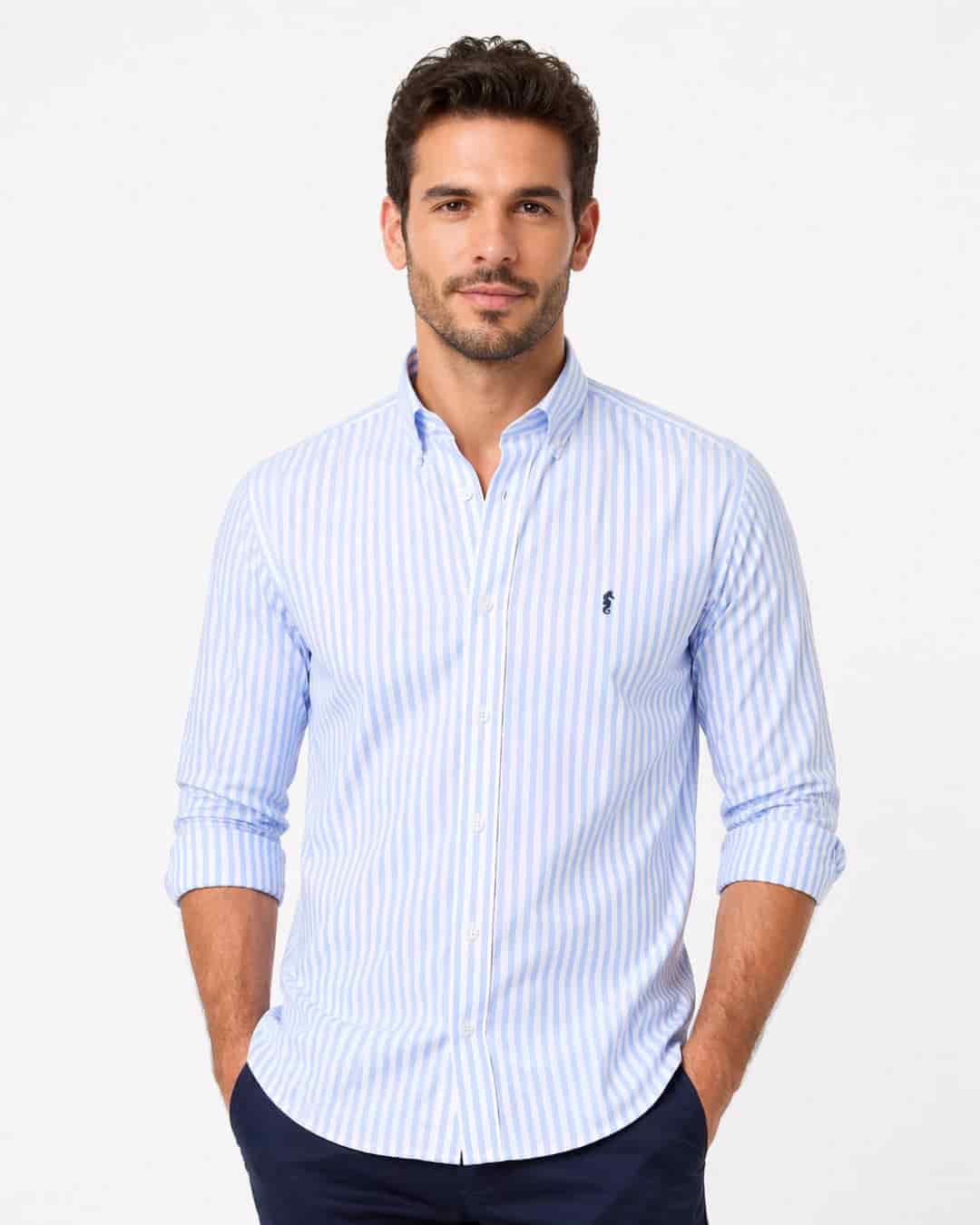Camisa 100% Algodón Manga Larga Maxi Rayas Azul Claro - miniatura 1