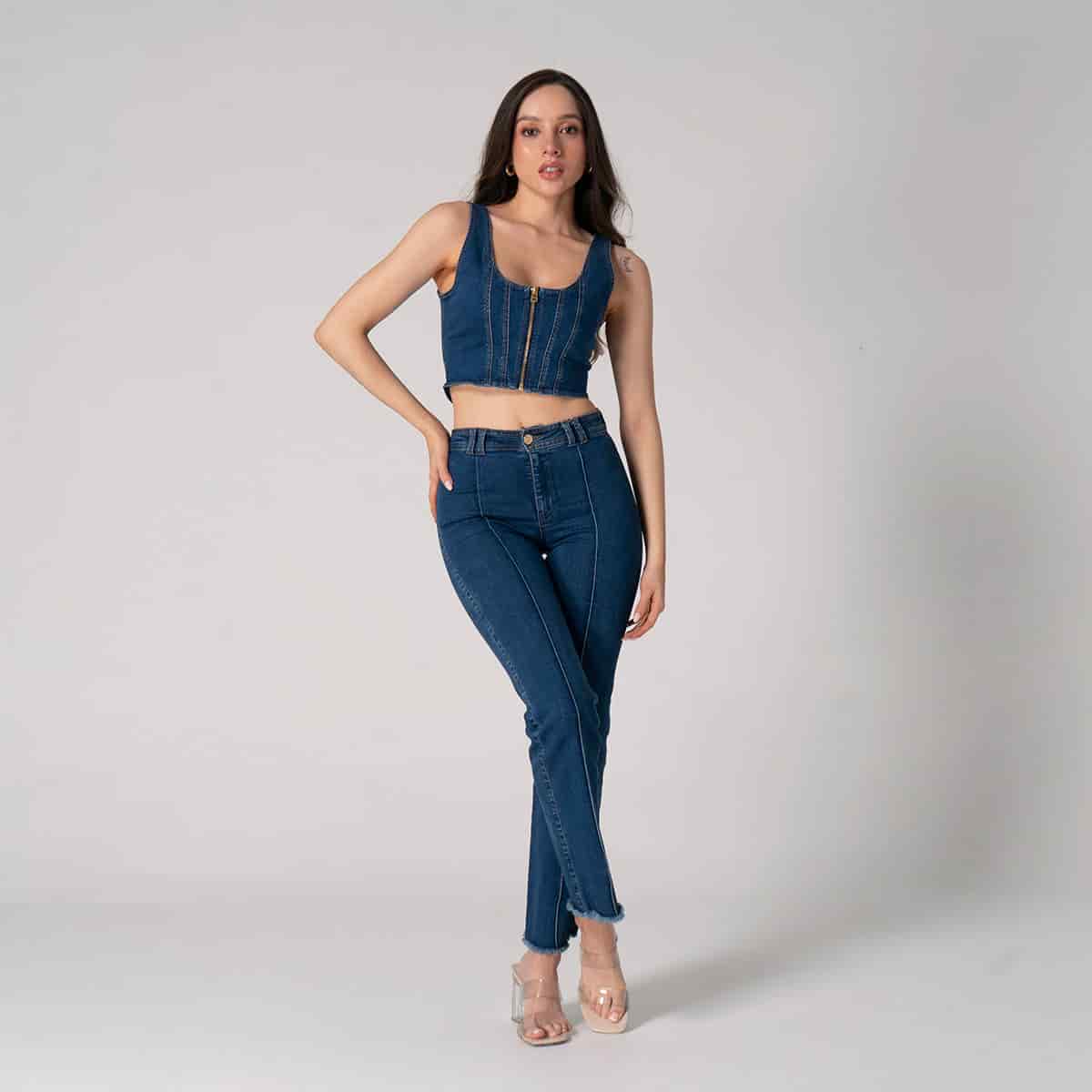 Blusa Crop Top Denim Slim Fava - miniatura 2