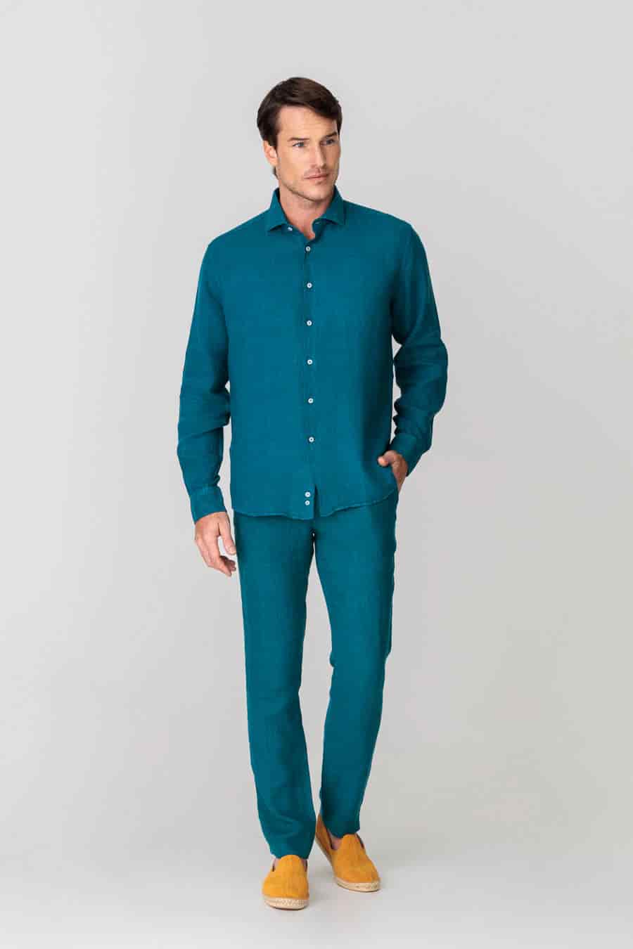 Men's linen shirt petrol blue basic - miniatura 2