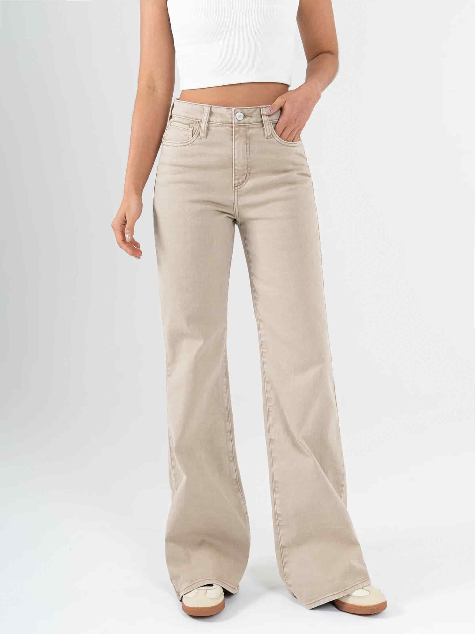 Ref: 069843 Pantalón palazzo stretch, tiro alto, tono caqui - miniatura 1