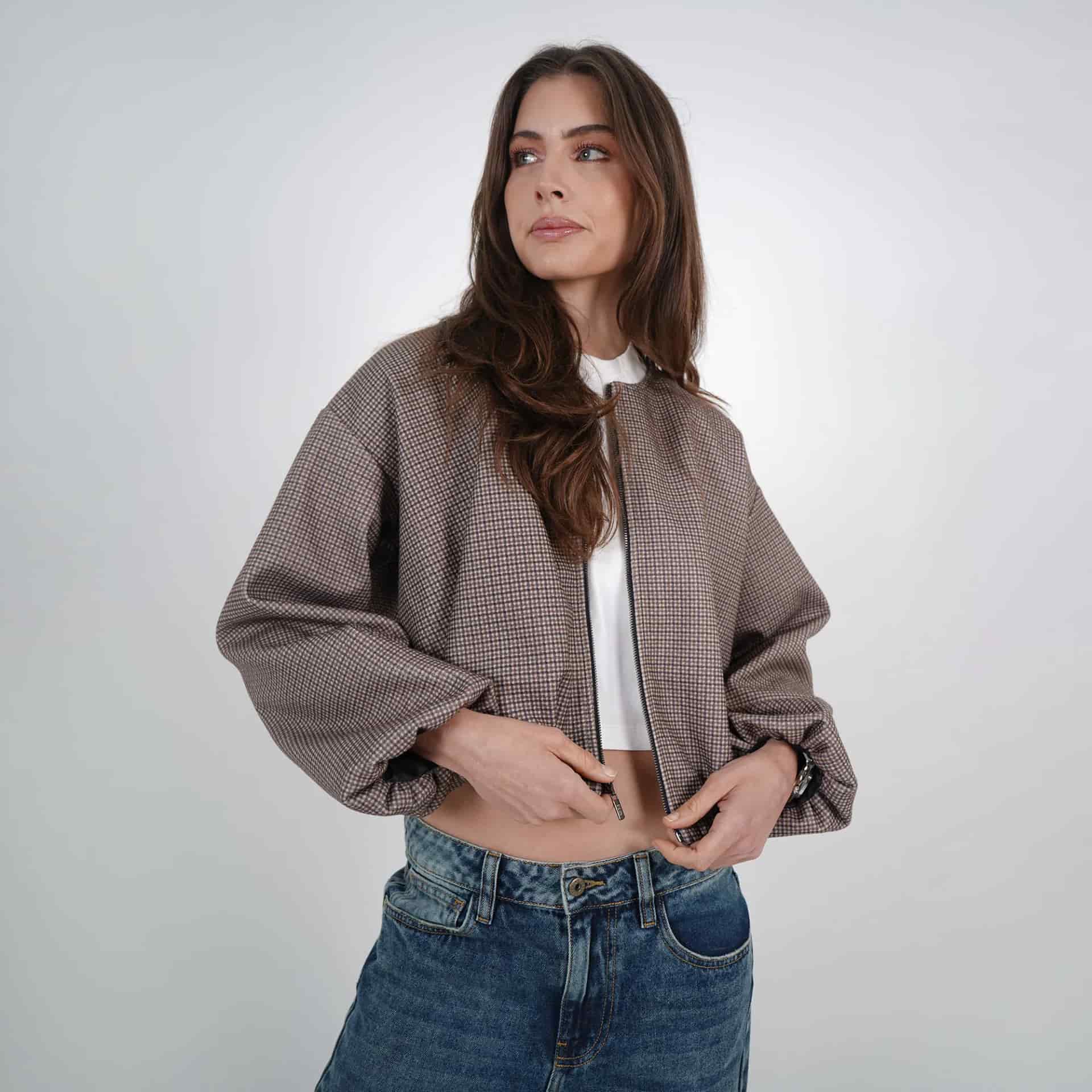 Chaqueta bomber estampado cuadros cuello redondo - miniatura 5