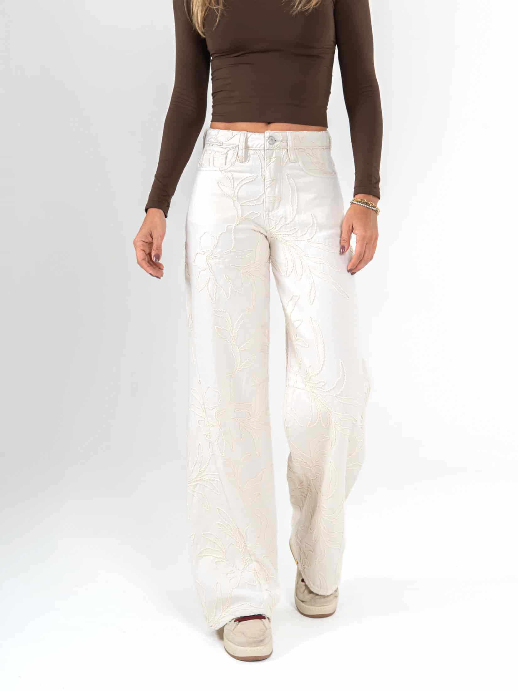 Ref: 0620284 Pantalón wide leg, tiro medio, tela bordada, tono natural - miniatura 1