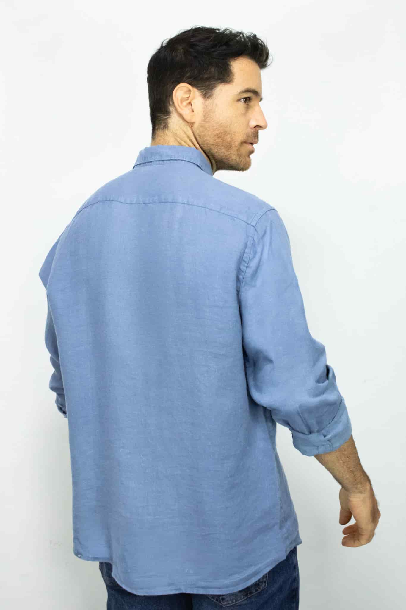 Camisa de Lino Azul Manga Larga para Hombre - miniatura 3