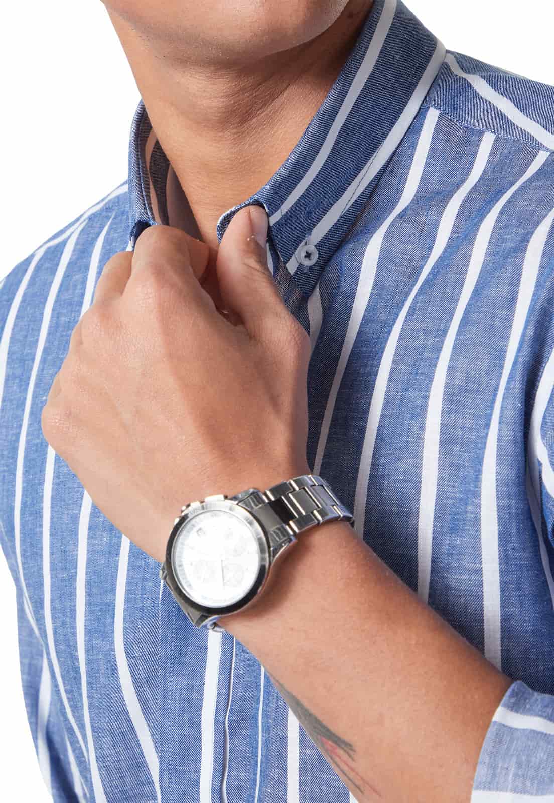 Camisa en Lino azul con rayas blancas - miniatura 5