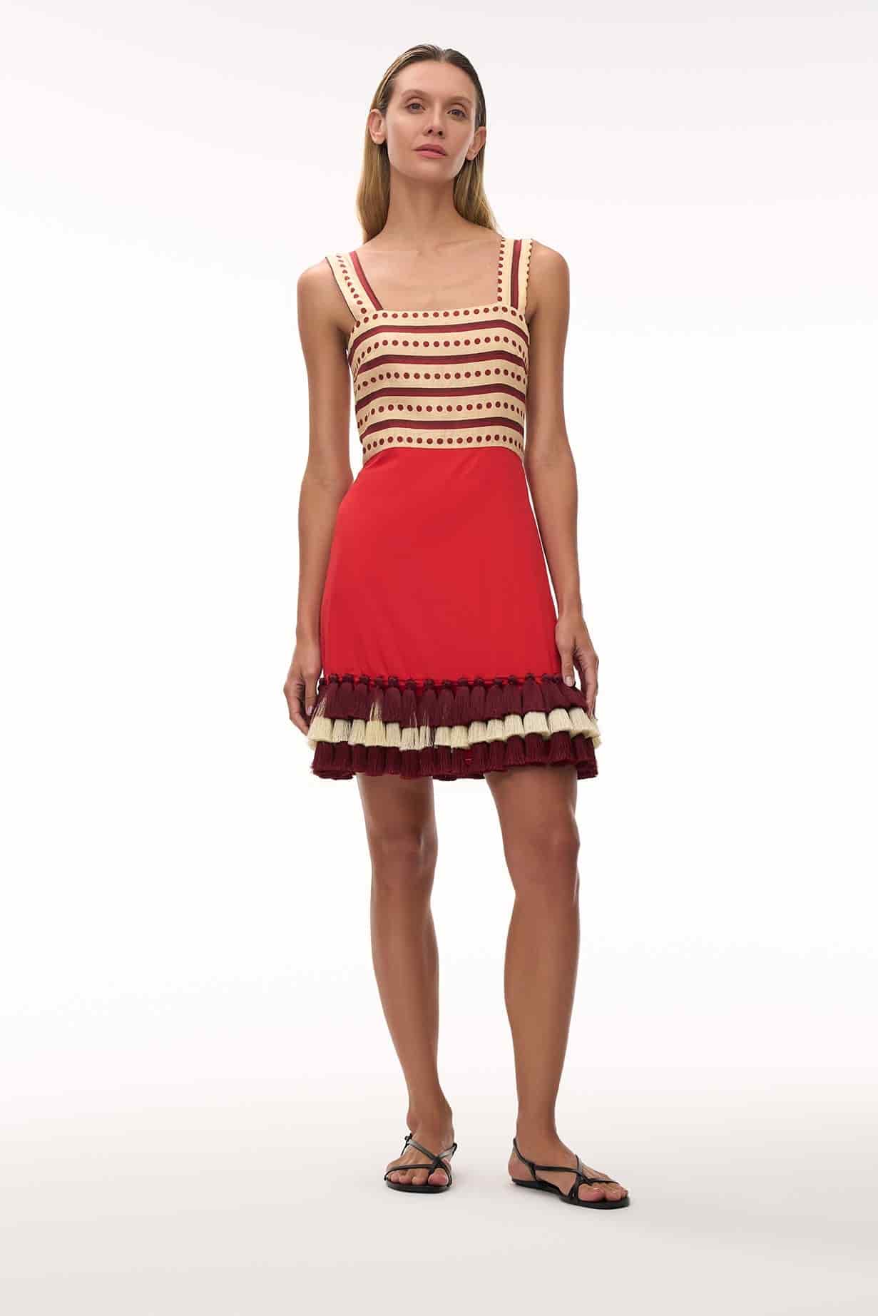 Micaela Linen Mini Dress / Red Stripes & Handmade Wine Tassels - miniatura 1