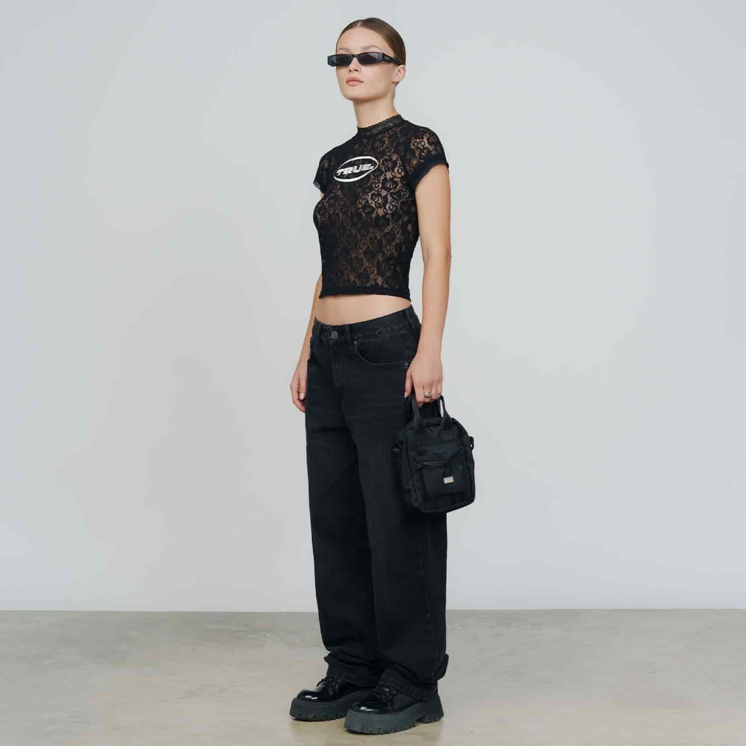 Floral Lace Baby Tee - Black - miniatura 5