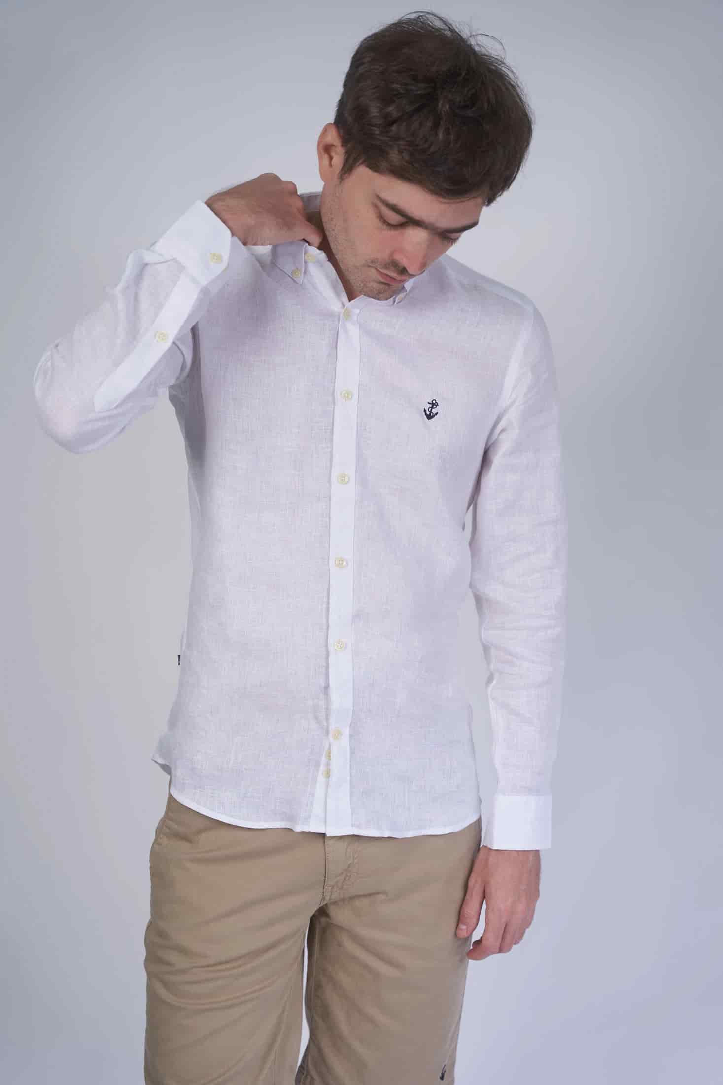 Camisa Lino Blanca a Navy - miniatura 1