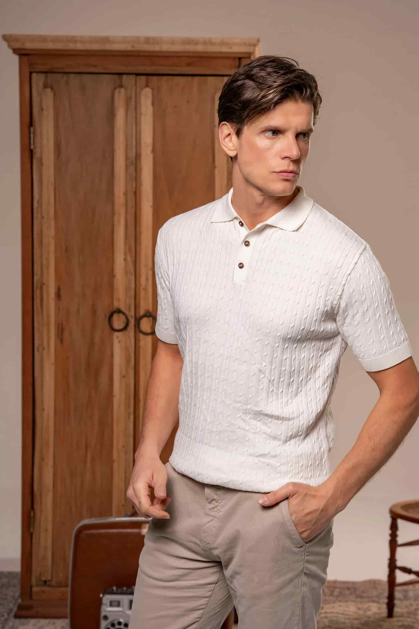 Camiseta polo trenzada tejida Hombre Hueso - miniatura 1