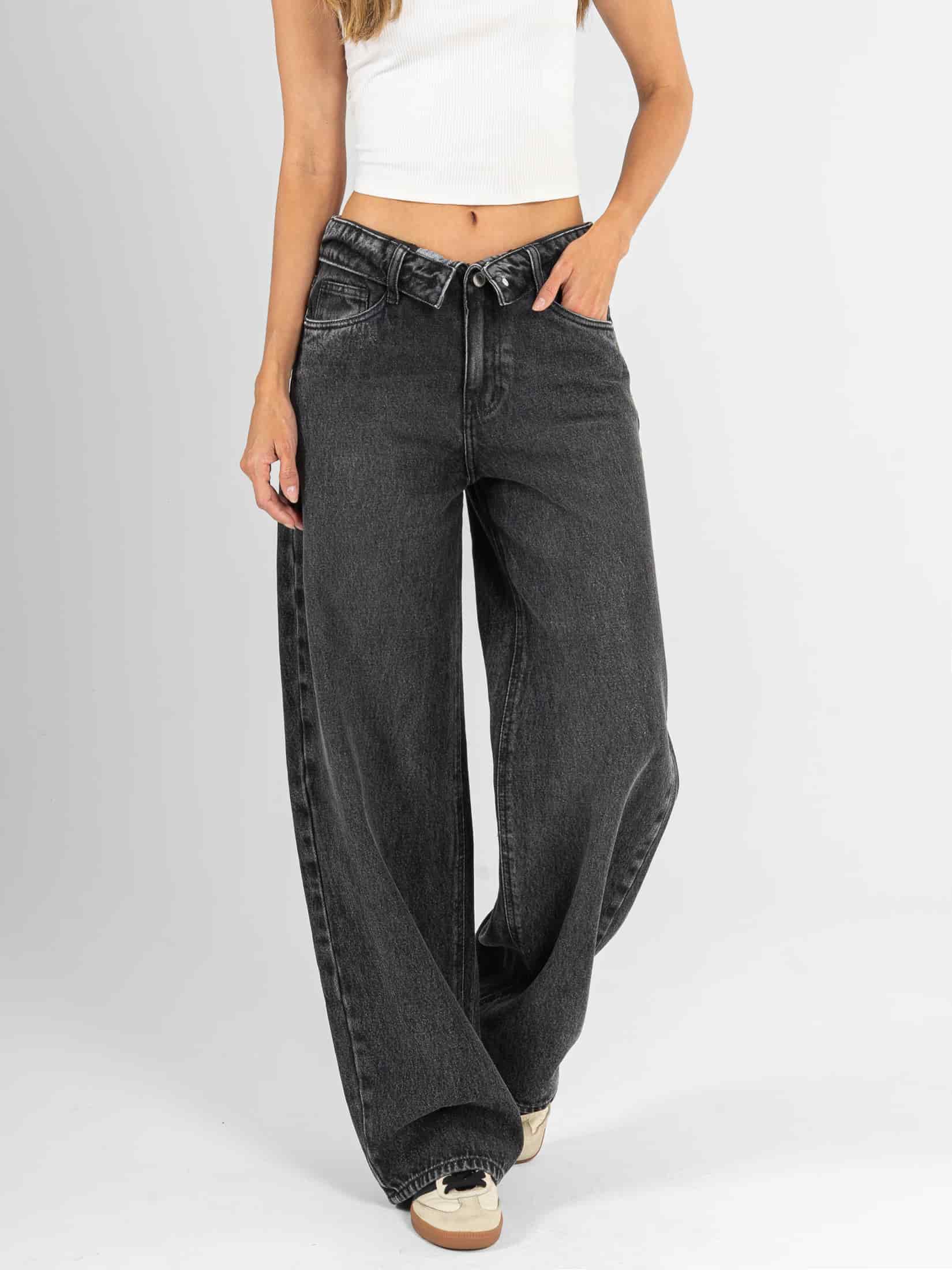 Ref: 066531 Jean wide leg, rígido, tiro medio, detalle en pretina, tono gris medio - miniatura 1