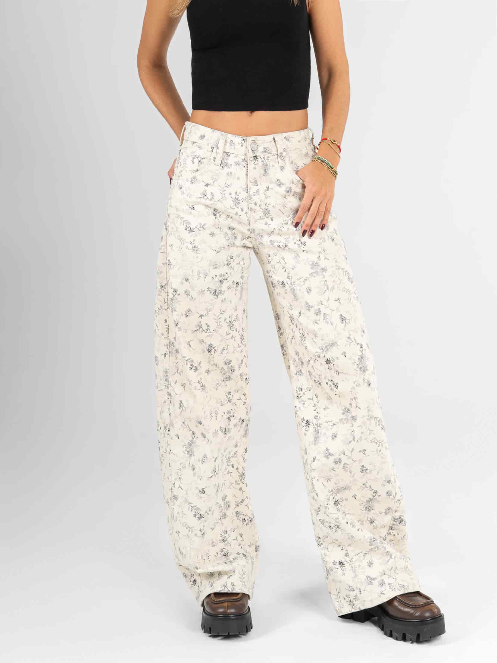 Ref: 0620653 Pantalón wide leg, stretch, detalle de tela estampada, tiro alto, tono ivory - miniatura 1