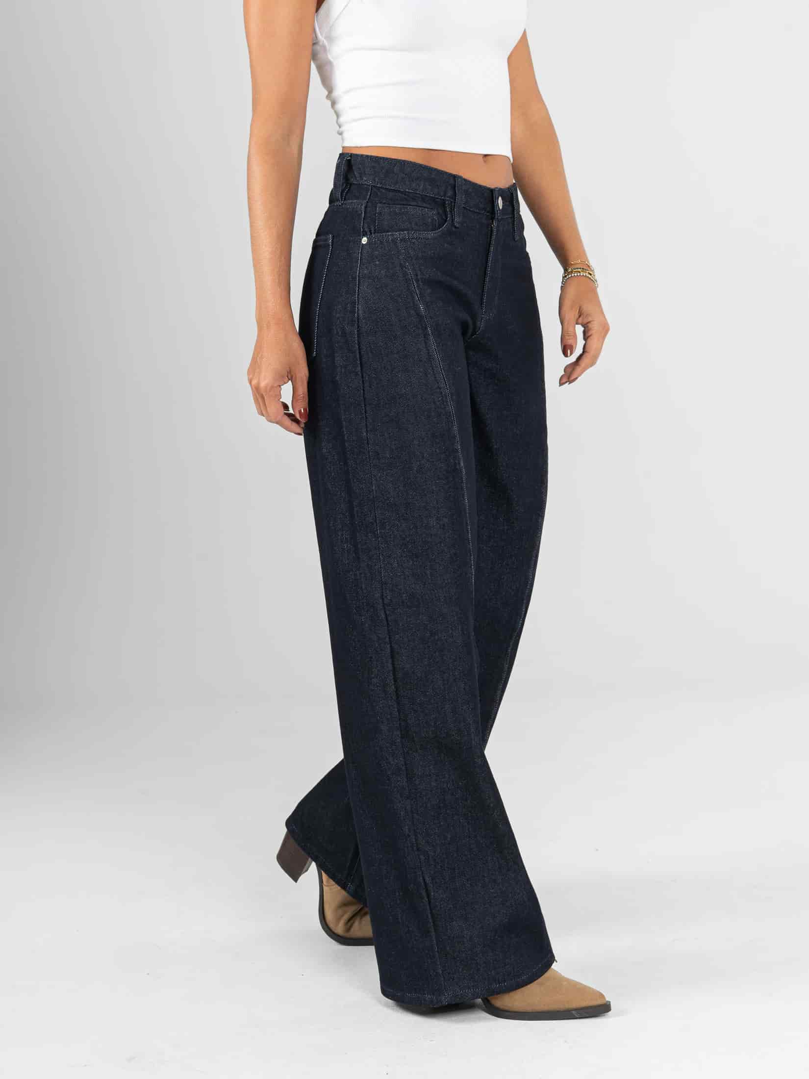Ref: 066378 Jean wide leg, rigido, tiro alto, detalle con cierres, tono azul oscuro - miniatura 3