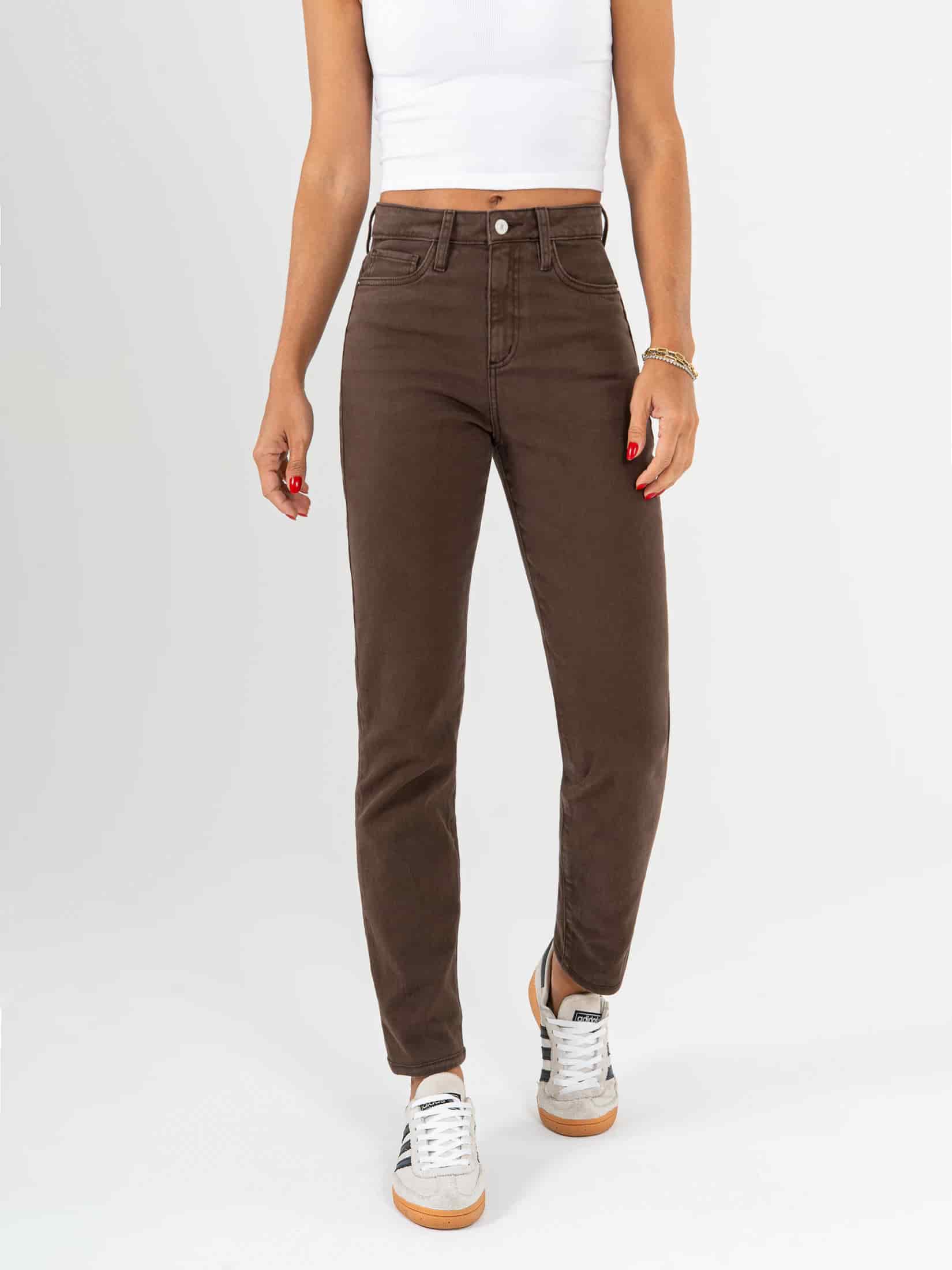 Ref: 069850 Pantalón mom fit stretch, tiro alto, tono café. - miniatura 1
