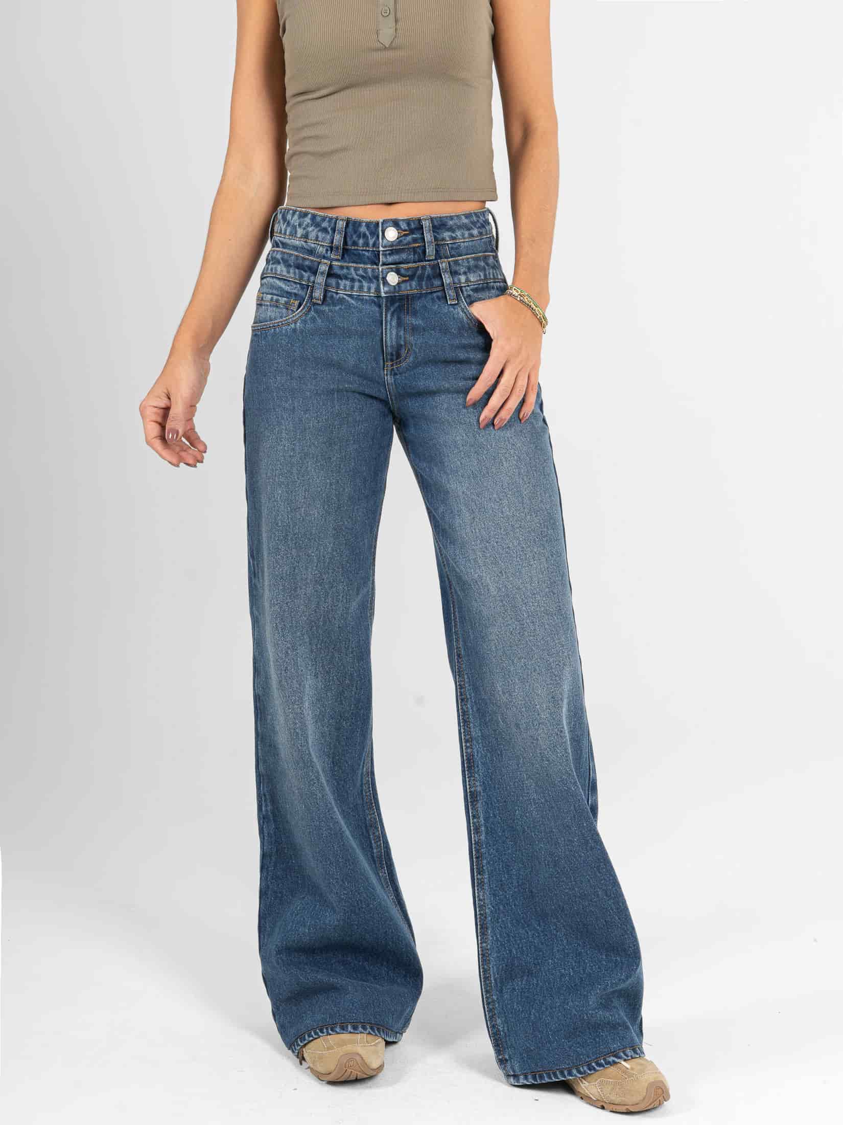 Ref: 066502 Jean mom flare, rígido, detalle en pretina, tono azul medio oscuro - miniatura 1
