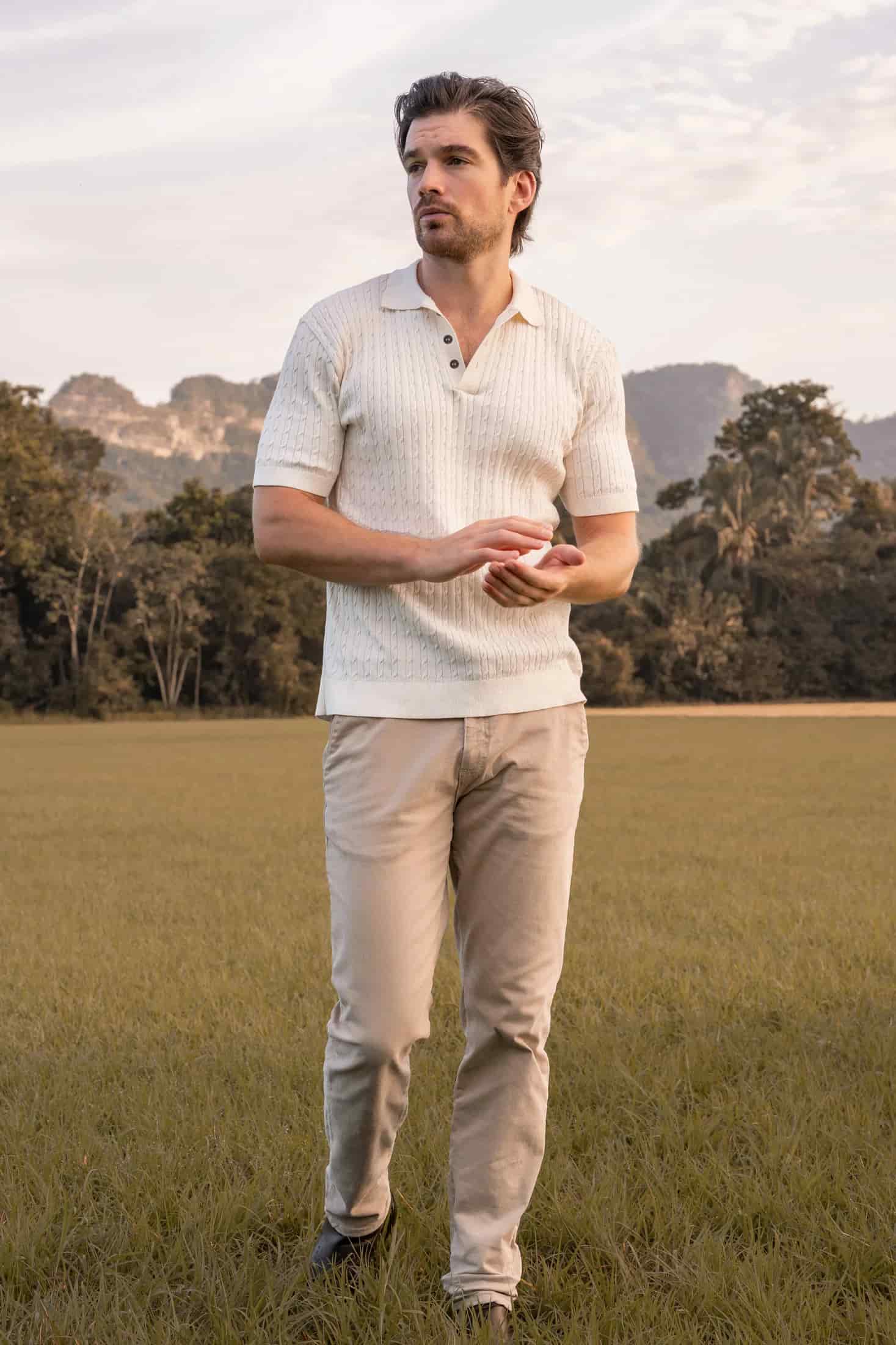 Camiseta polo trenzada tejida Hombre Hueso - miniatura 10