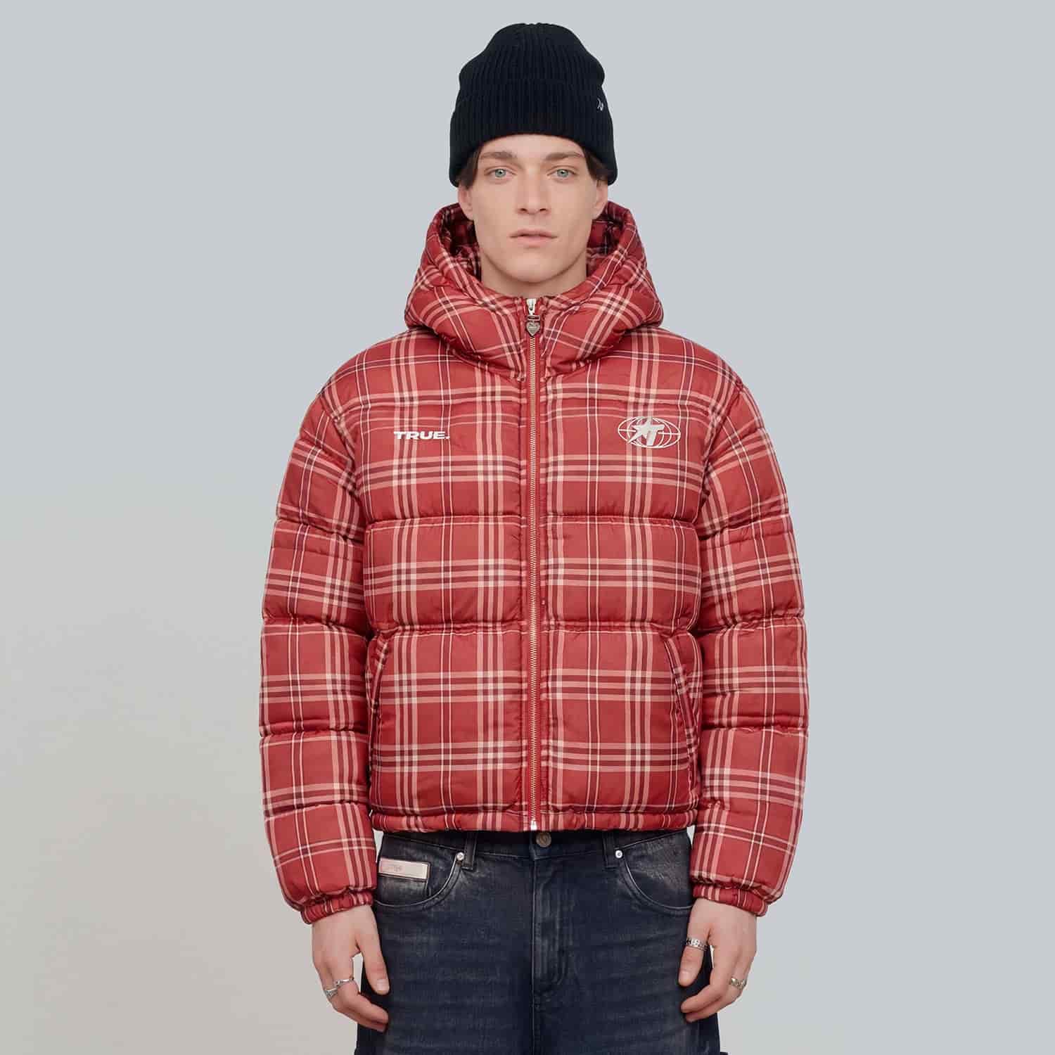 Intuition Plaid Puffer Jacket - Burgundy - miniatura 3