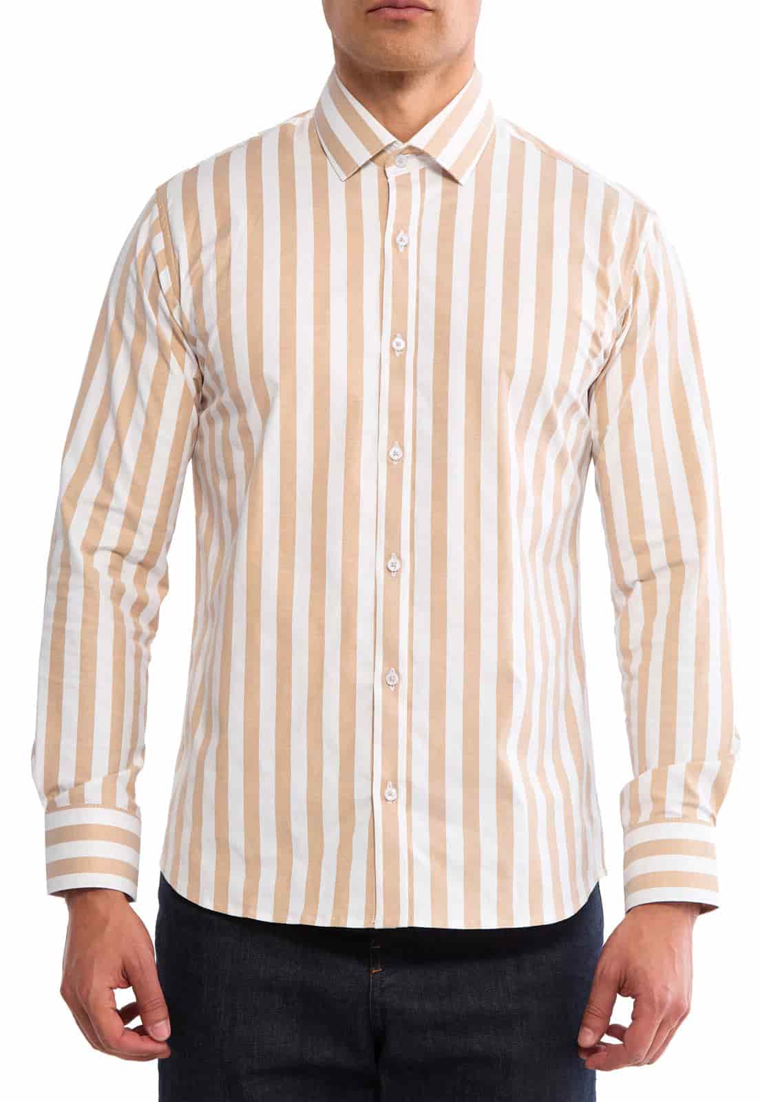 Camisa manga larga blanca con rayas camel - miniatura 3
